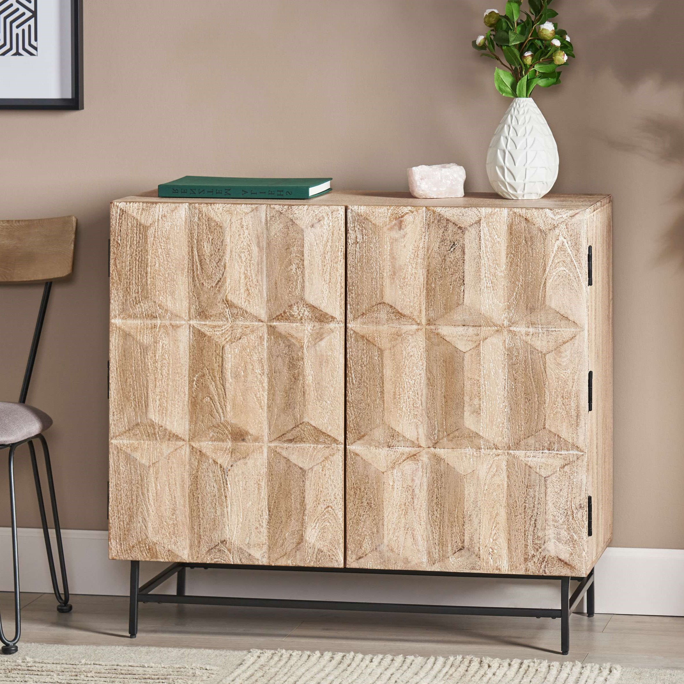 Boho Mango Wood Cabinet with Handcrafted Two-Door Storage, Raised Geometric Design, Large Storage Space, 38 L x 16.5 W x 34 H, White | Aosom.com