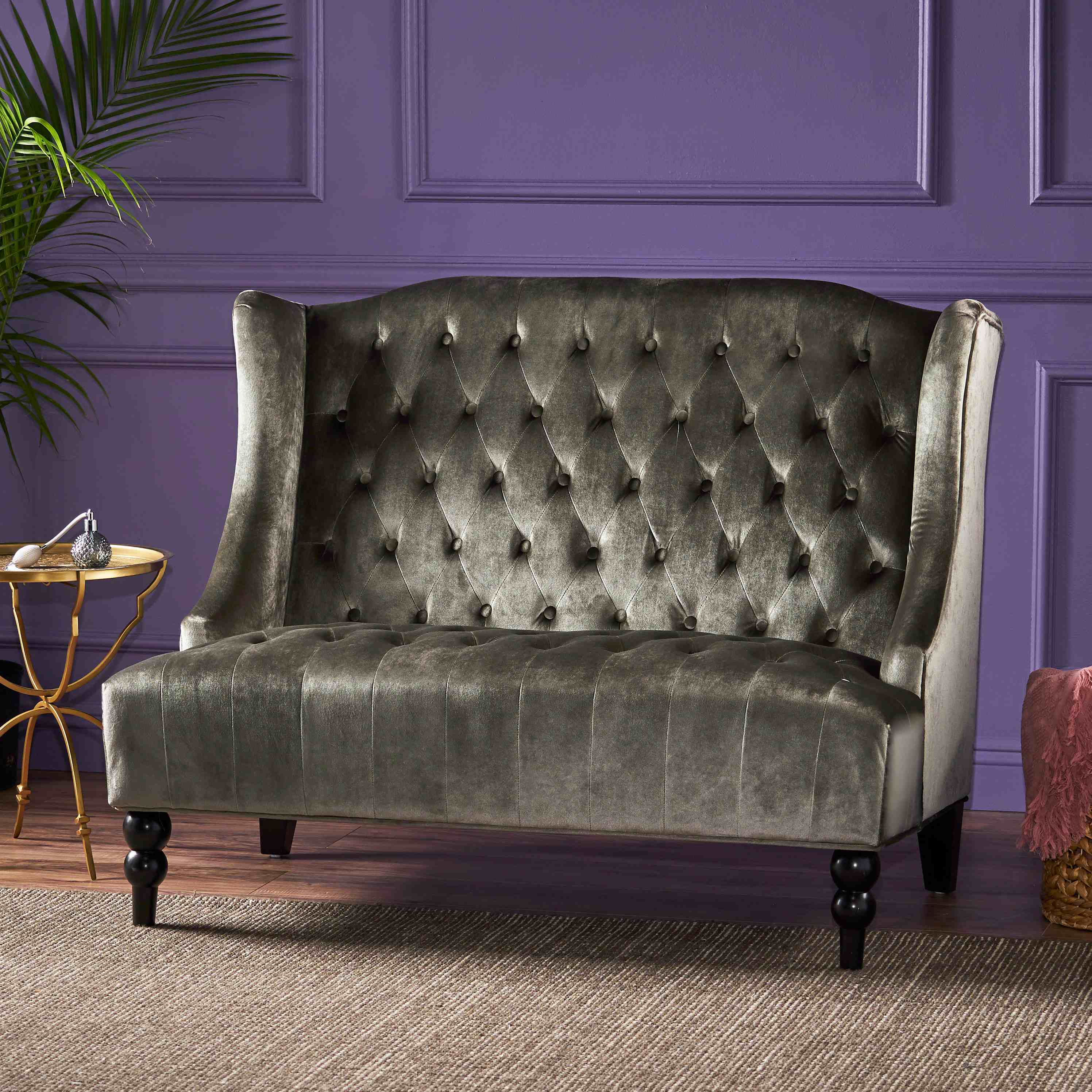 Modern Glam Loveseat Sofa with Velvet Upholstery and Wingback Design, Button-Tufted Diamond Stitch, 50.5" L x 34" W x 38.5" H, Grey | Aosom.com