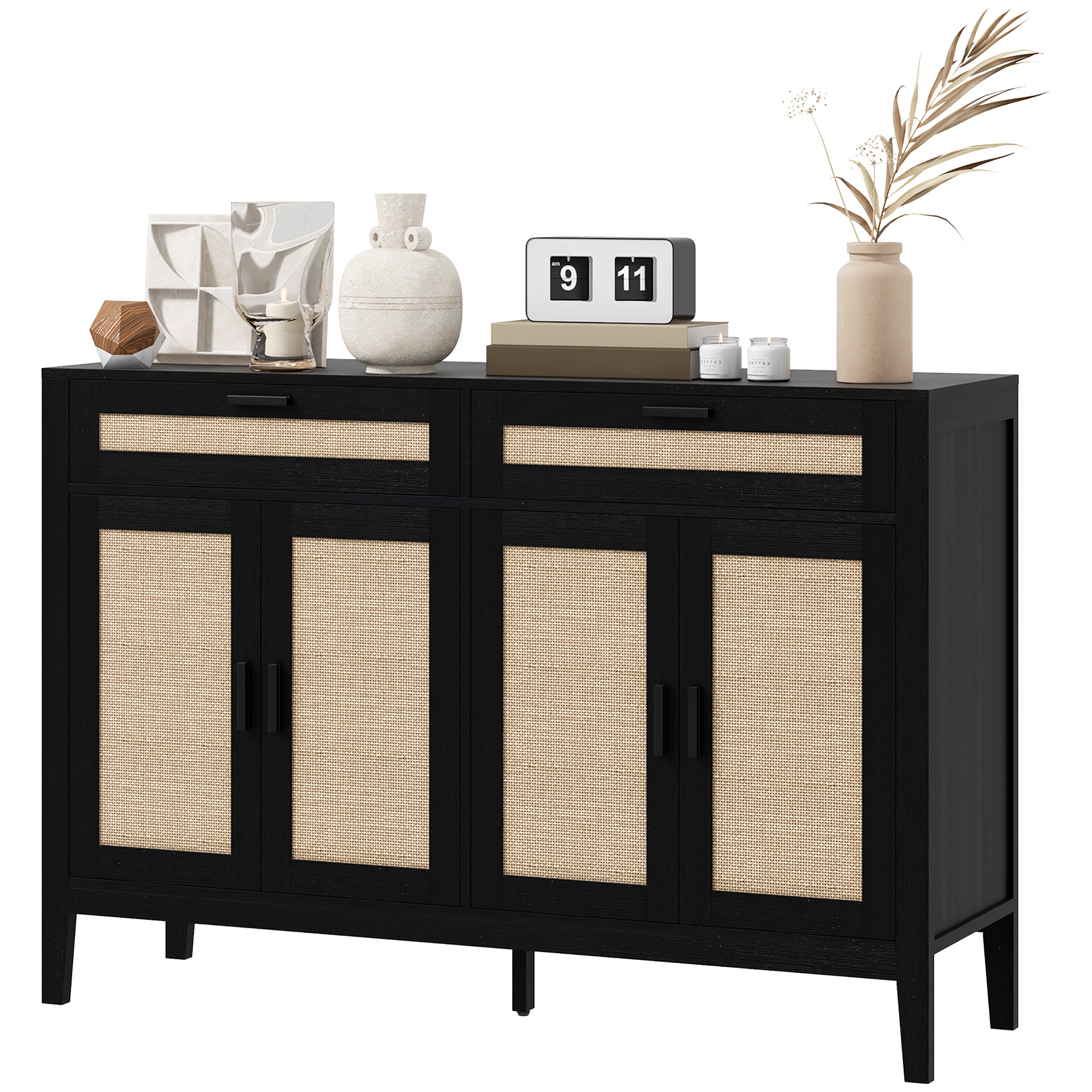 HOMCOM Kitchen Sideboard Cabinet, Boho Entryway Cabinet with Decorative Rattan Doors and Drawers for Dining Room, Black