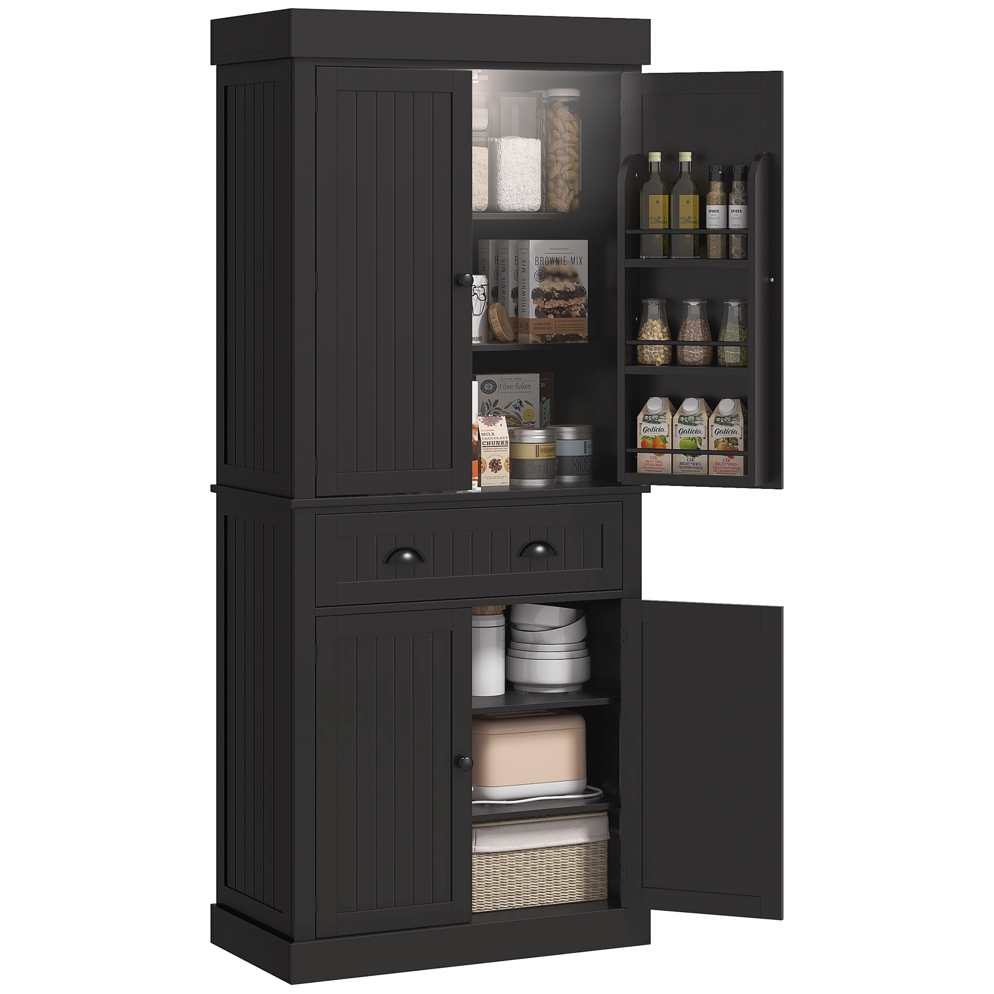 HOMCOM 71 Tall Pantry Cabinet, Kitchen Storage w/ LED Lights, Drower &amp; Adjustable Shelves, Freestanding Pantry for Dining, Black | Aosom.com