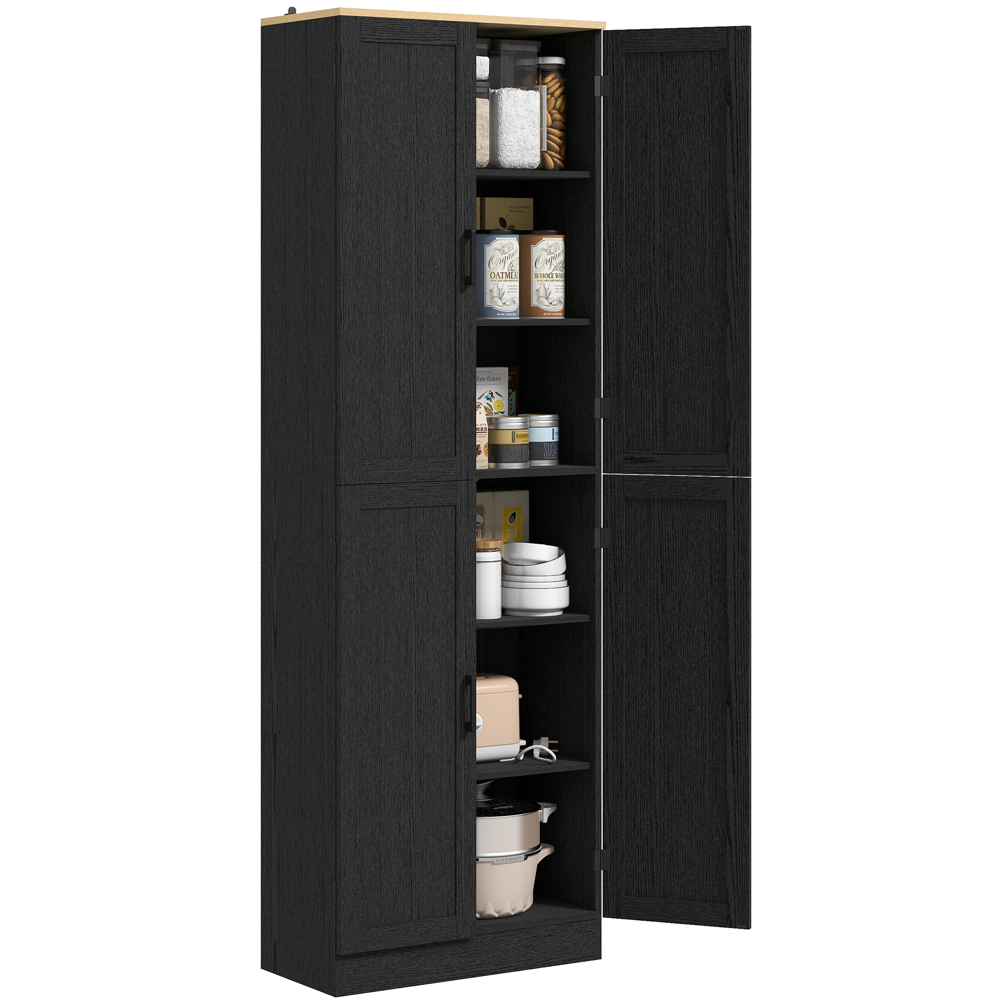 HOMCOM Freestanding Kitchen Pantry, 4-Door Kitchen Pantry Cabinet with Adjustable Shelves and Doors, Distressed Black | Aosom.com