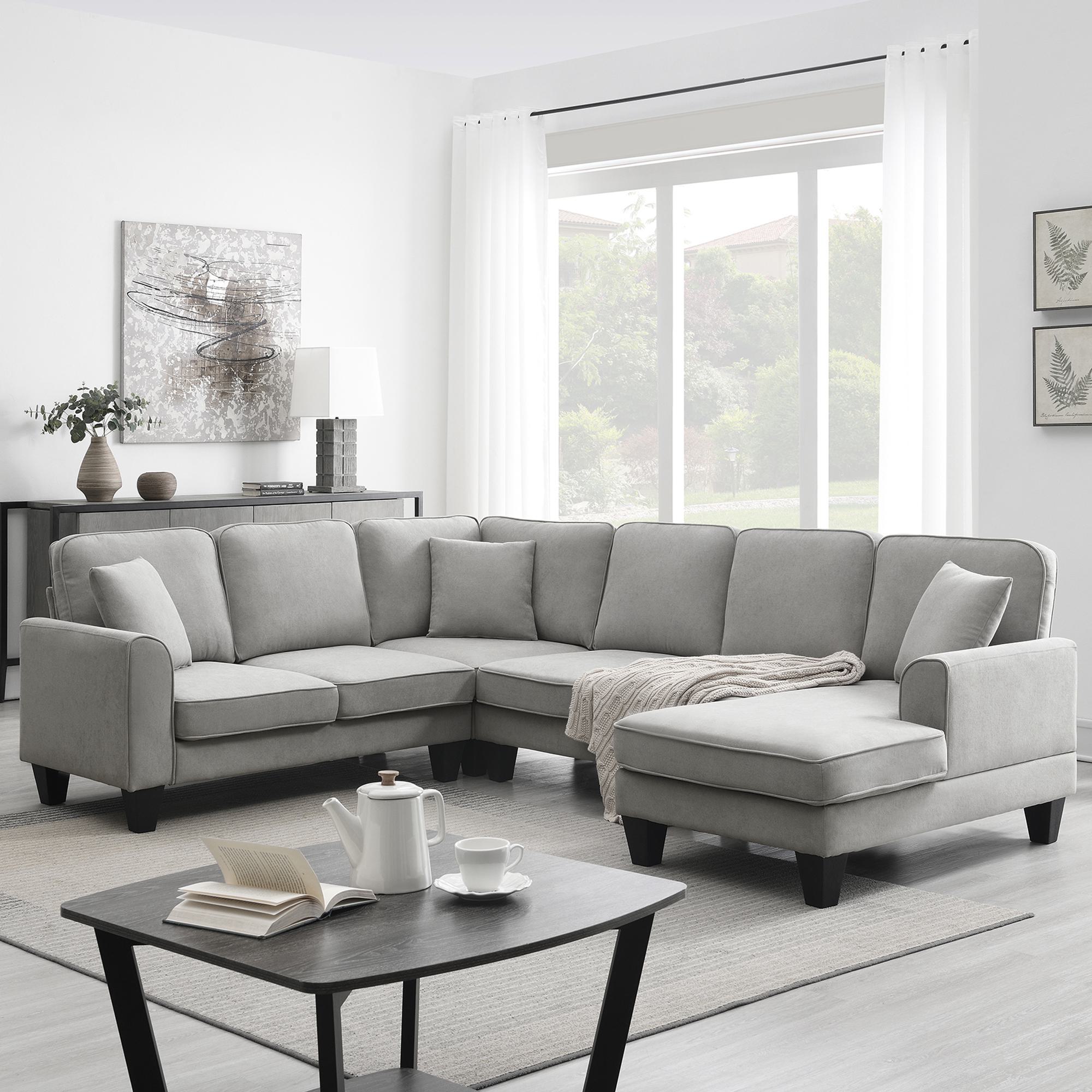 7-Seat Modern U-Shaped Sectional Chaise Sofa Set with 3 Pillows, Fabric Corner Sofa for Living Room, 108L x 85.5W x 33.5H, Light Grey | Aosom.com