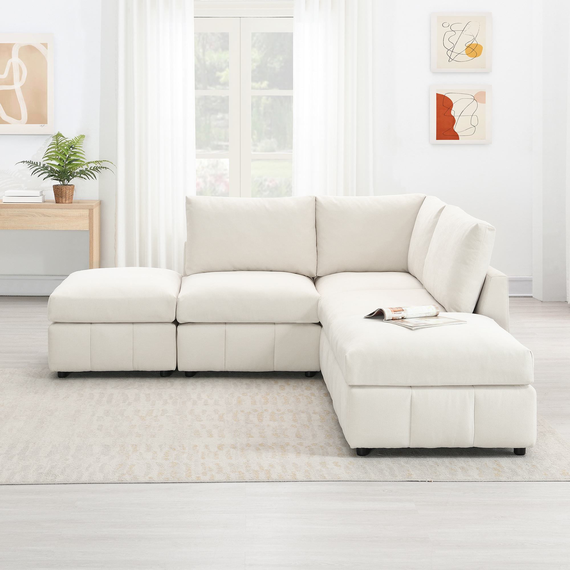 93 5-Seat L-Shaped Sectional Couch with Ottoman and Vertical Stripes, Fabric Comfortable Sectional Sofa for Living Room, Bedroom, Beige | Aosom.com