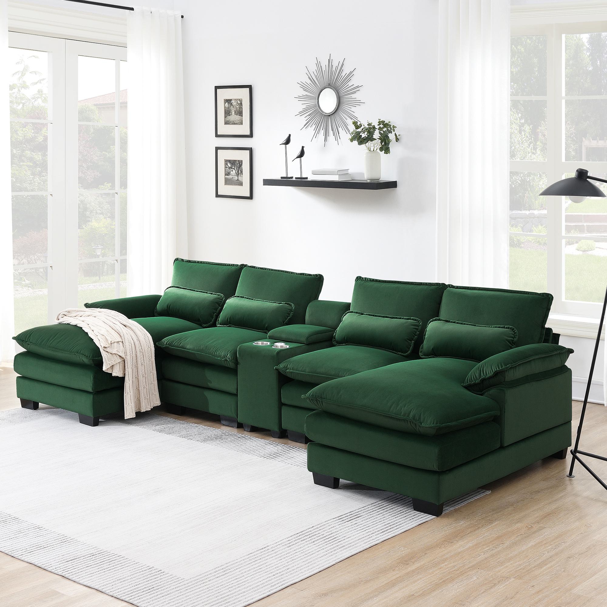 6-Seat U-Shaped Sectional Sofa Set with Cupholders, Console, USB Ports, Modern Cushion Sofa for Living Room, 123â€³ L x 55â€³ W x 33â€³ H, Green | Aosom.com