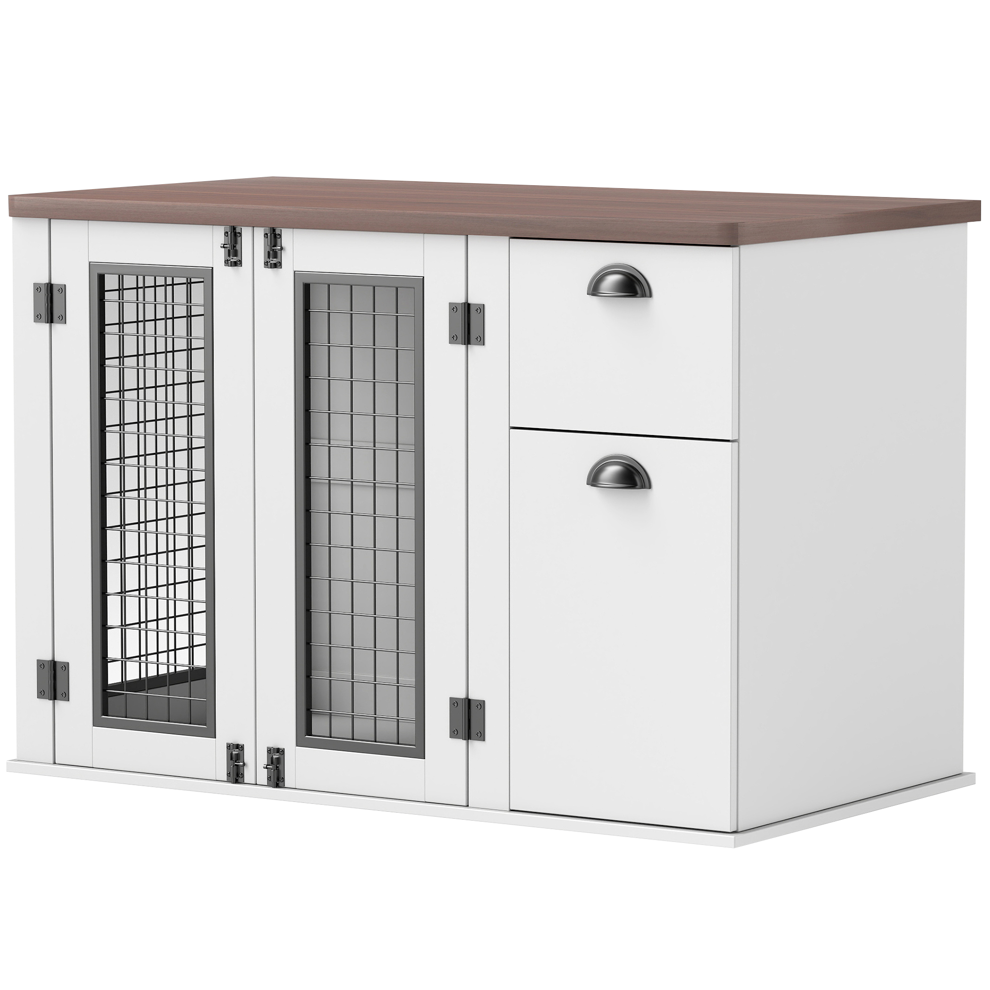 PawHut 44 Furniture Dog Crate with Double Door, Storage &amp; Drawer for Medium Sized Dogs, White | Aosom.com