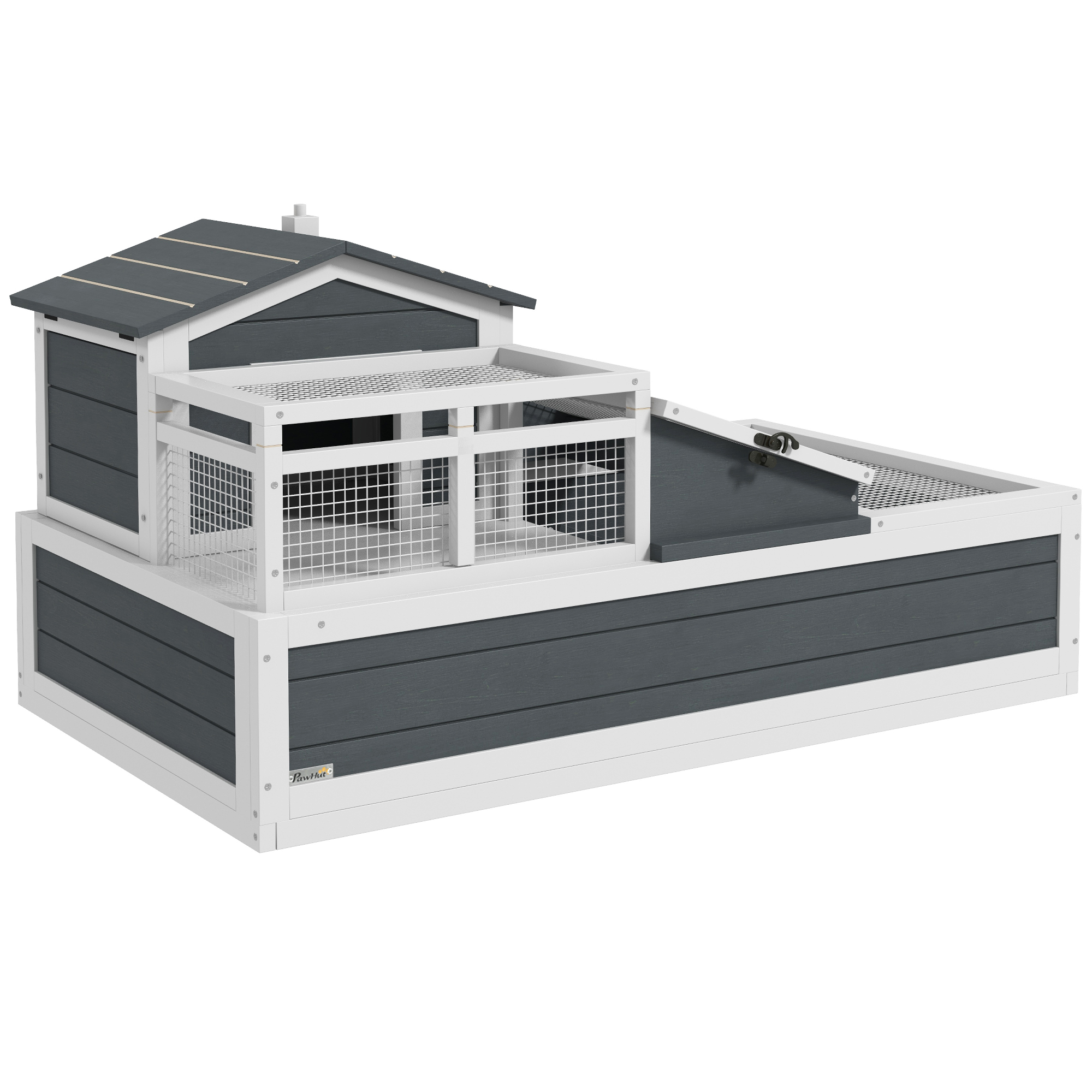 PawHut 3-Room Tortoise Habitat, Indoors &amp; Outdoors Wooden Turtle Enclosure w/ Balcony &amp; 2 Stories, 44 x 25.5 x 23, Gray | Aosom.com