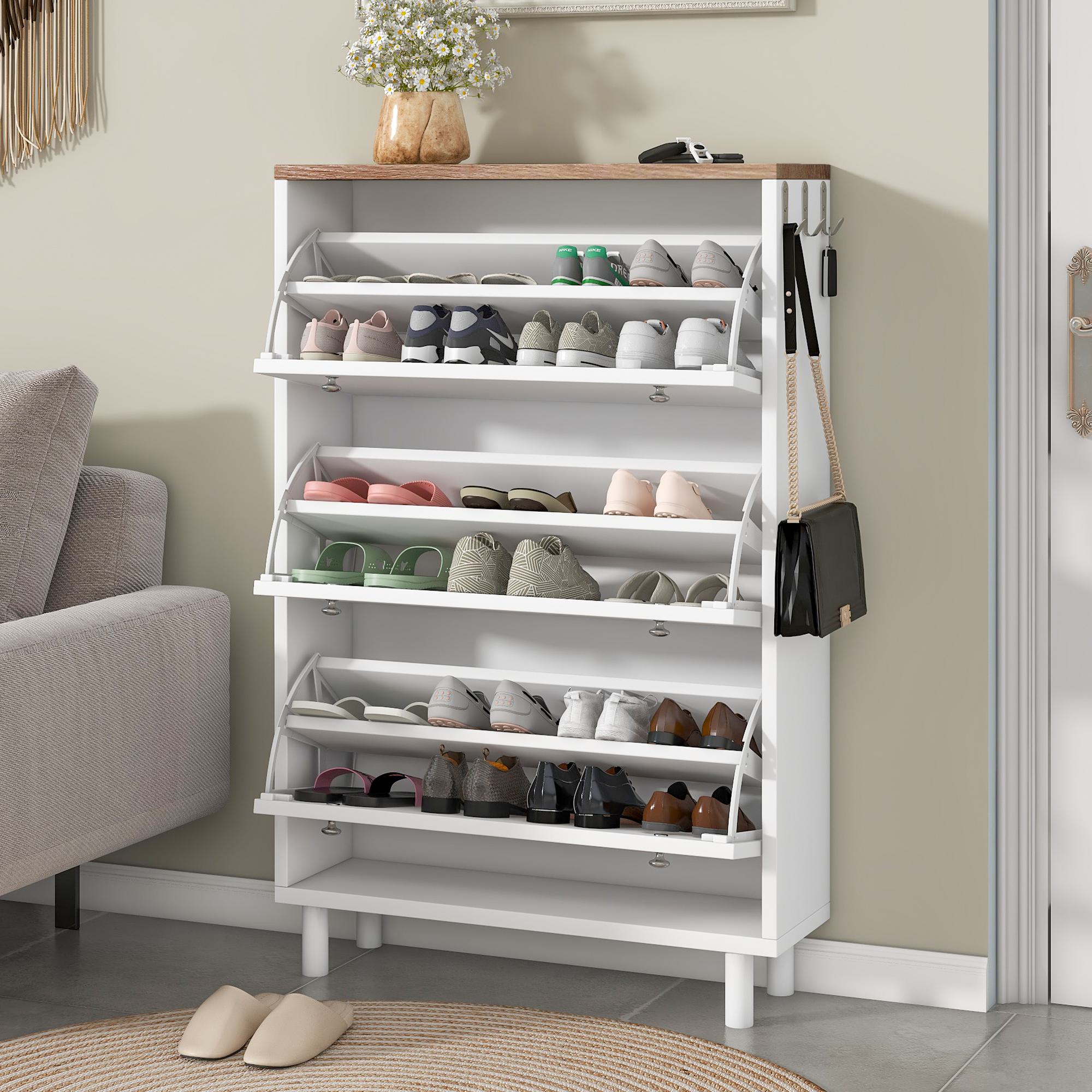 Narrow Design Shoe Cabinet with 3 Flip Drawers, White