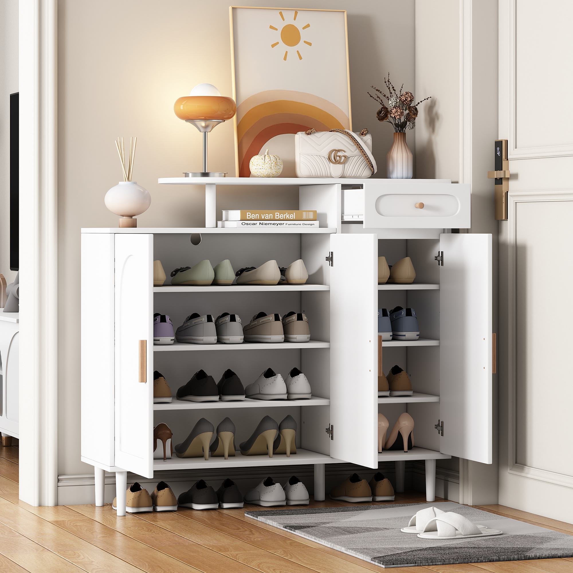 Elegant Modern Entryway Shoe Cabinet with Arched Doors, Adjustable Shelves, Solid Wood Legs and Drawer, 47.5 L x 14.5 W x 43.5 H, White | Aosom.com