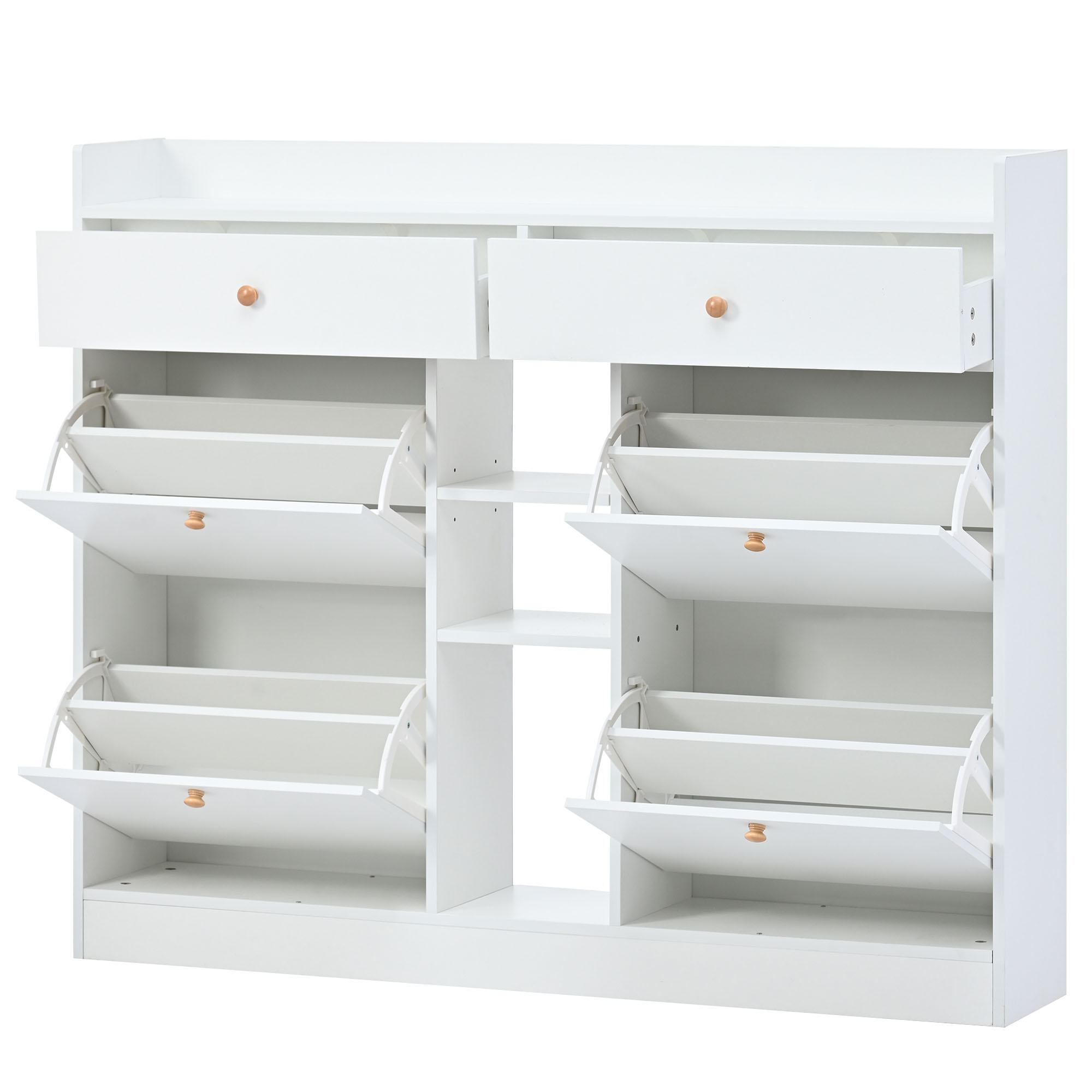 Shoe Storage Cabinet With 4 Flip Drawers & 2 Compartments - Freestanding Fluted Organizer For Entryway, Hallway, Cloakroom (White)