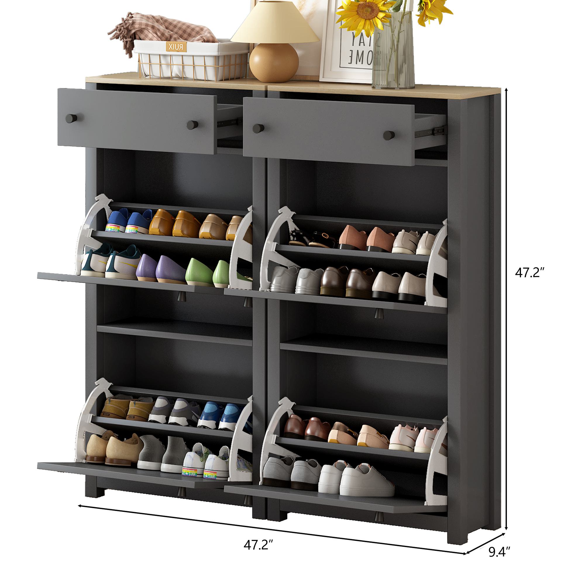 Modern Slim Shoe Cabinet Set with 4 Flip Drawers, Grey