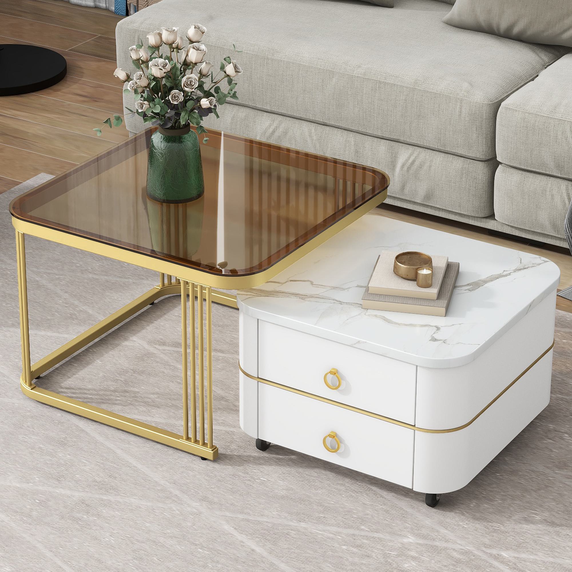2-in-1 Square Nesting Coffee Table with Wheels & Drawers