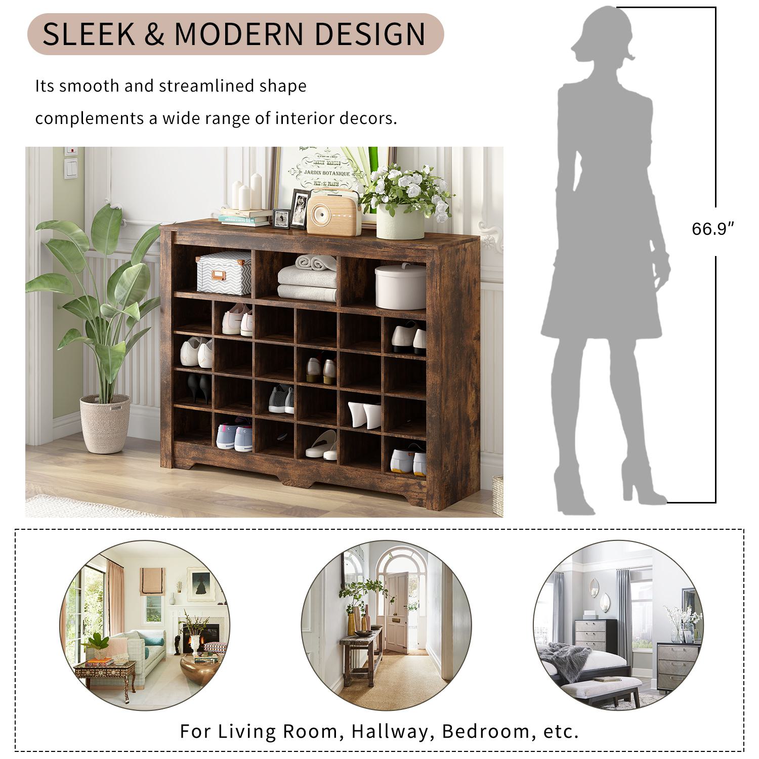 Modern Shoe Cabinet with 24 Cubbies, Rustic Brown | Aosom.com