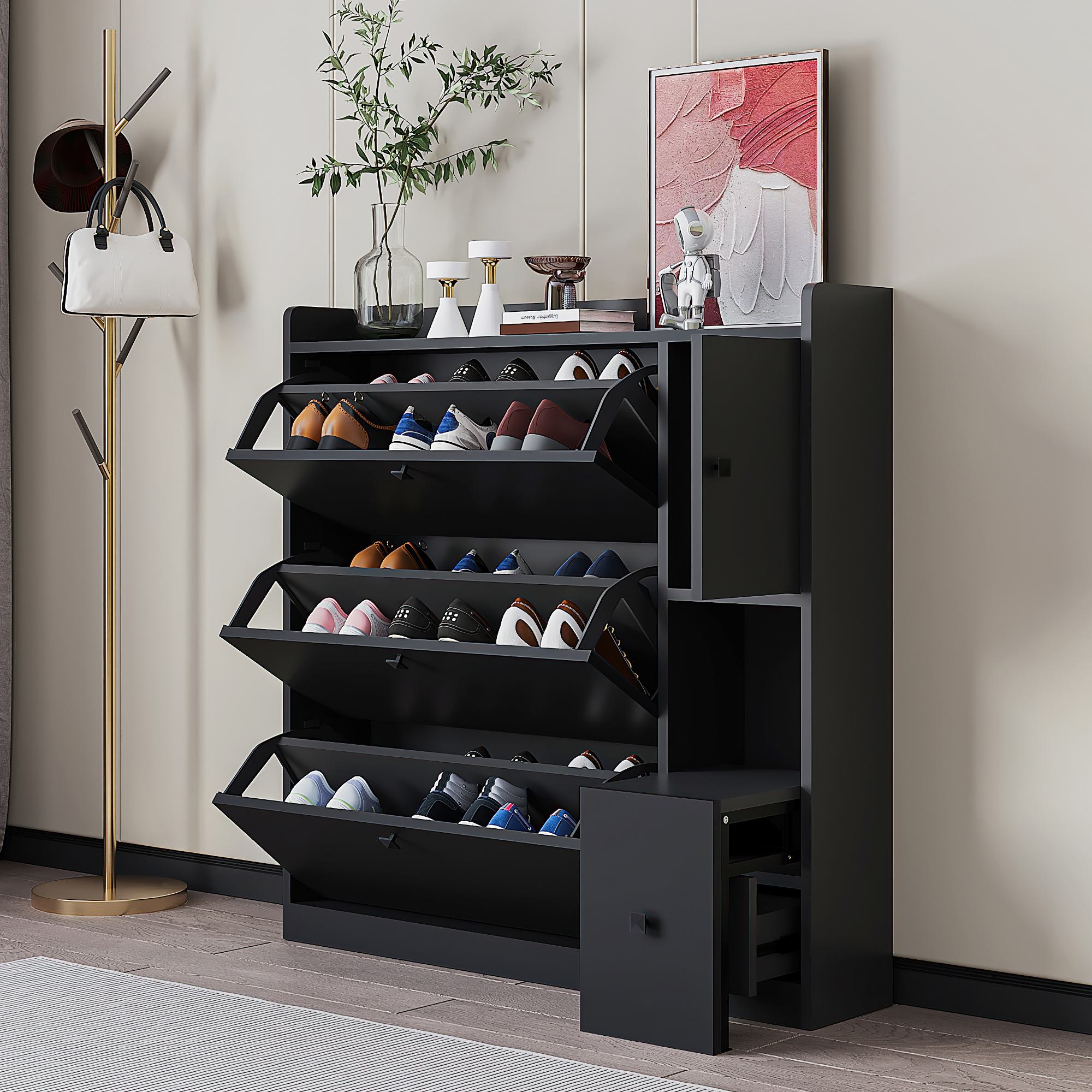 Chic Versatile Shoe Cabinet with 3 Flip Drawers and Pull-Down Seat, Adjustable Shelves and Maximum Storage, 47L x 9.5W x 47.5H, Black | Aosom.com