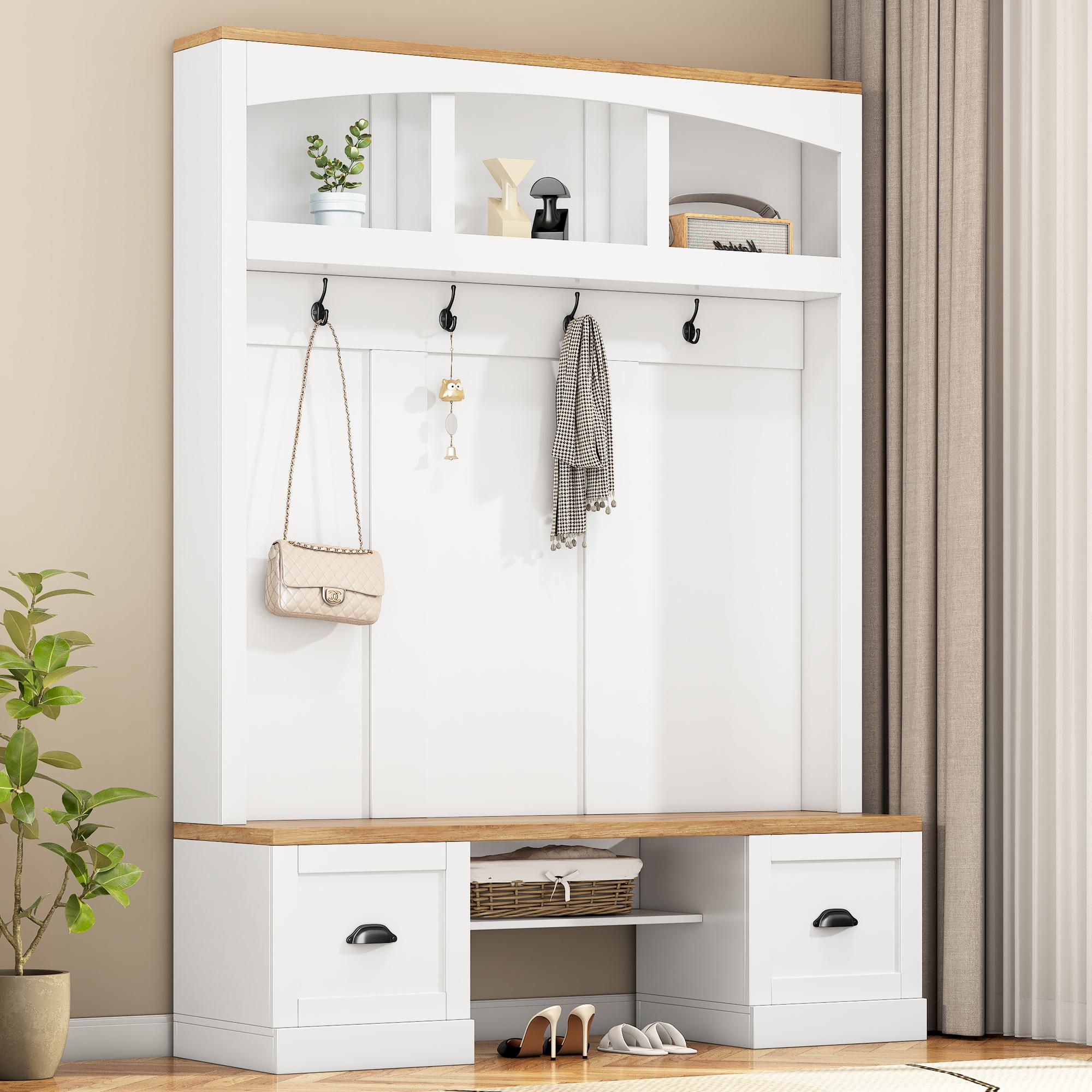 Farmhouse 4-in-1 Hall Tree with Bench and Adjustable Shelves, Multifunctional Storage Coat Rack with Hooks, 55" L x 16.5" W x 73.5" H, White