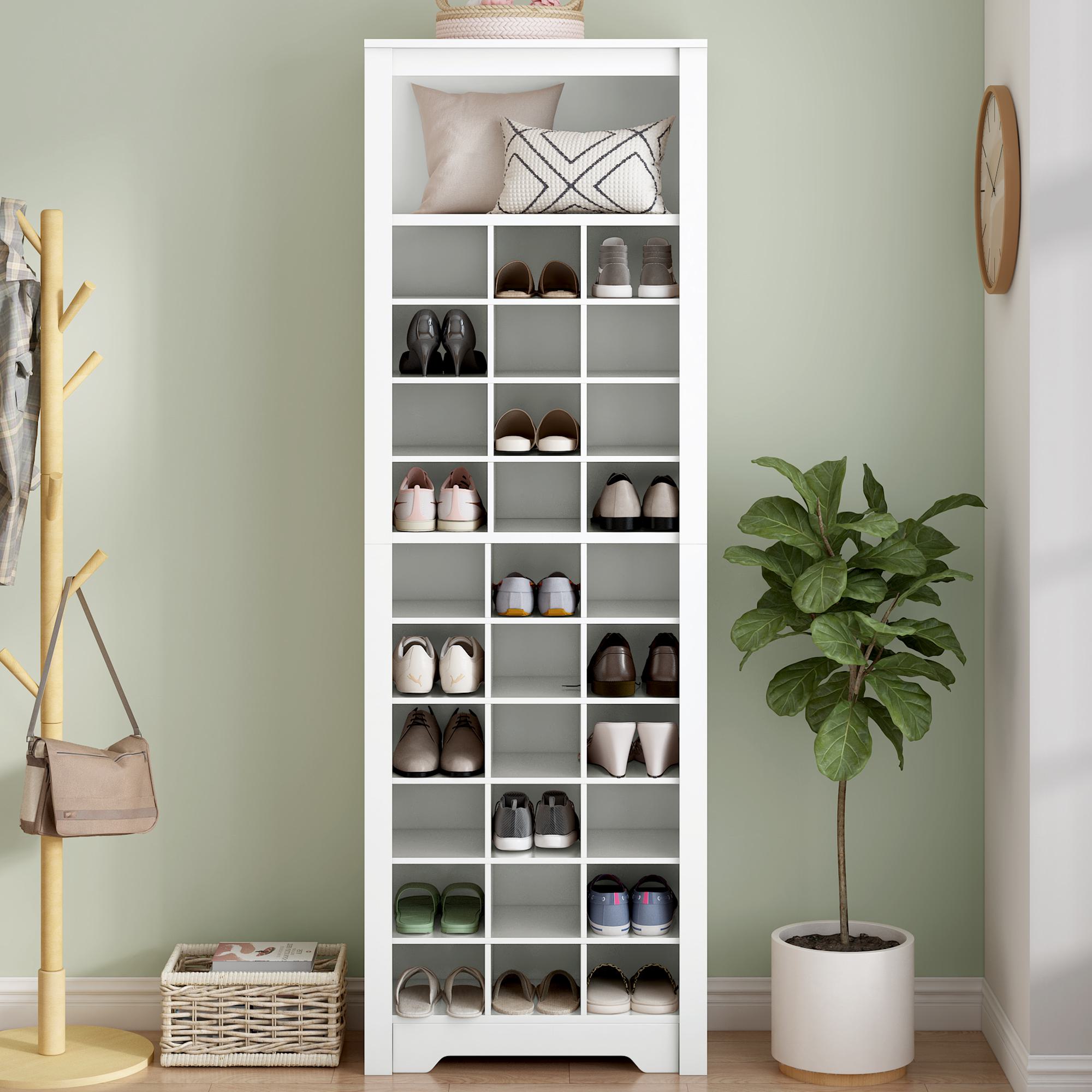 Contemporary Shoe Cabinet with Multiple Storage Capacity, Free Standing Tall Cabinet, Slim Shoe Cupboard, 24.5 L x 13 W x 74 H, White | Aosom.com