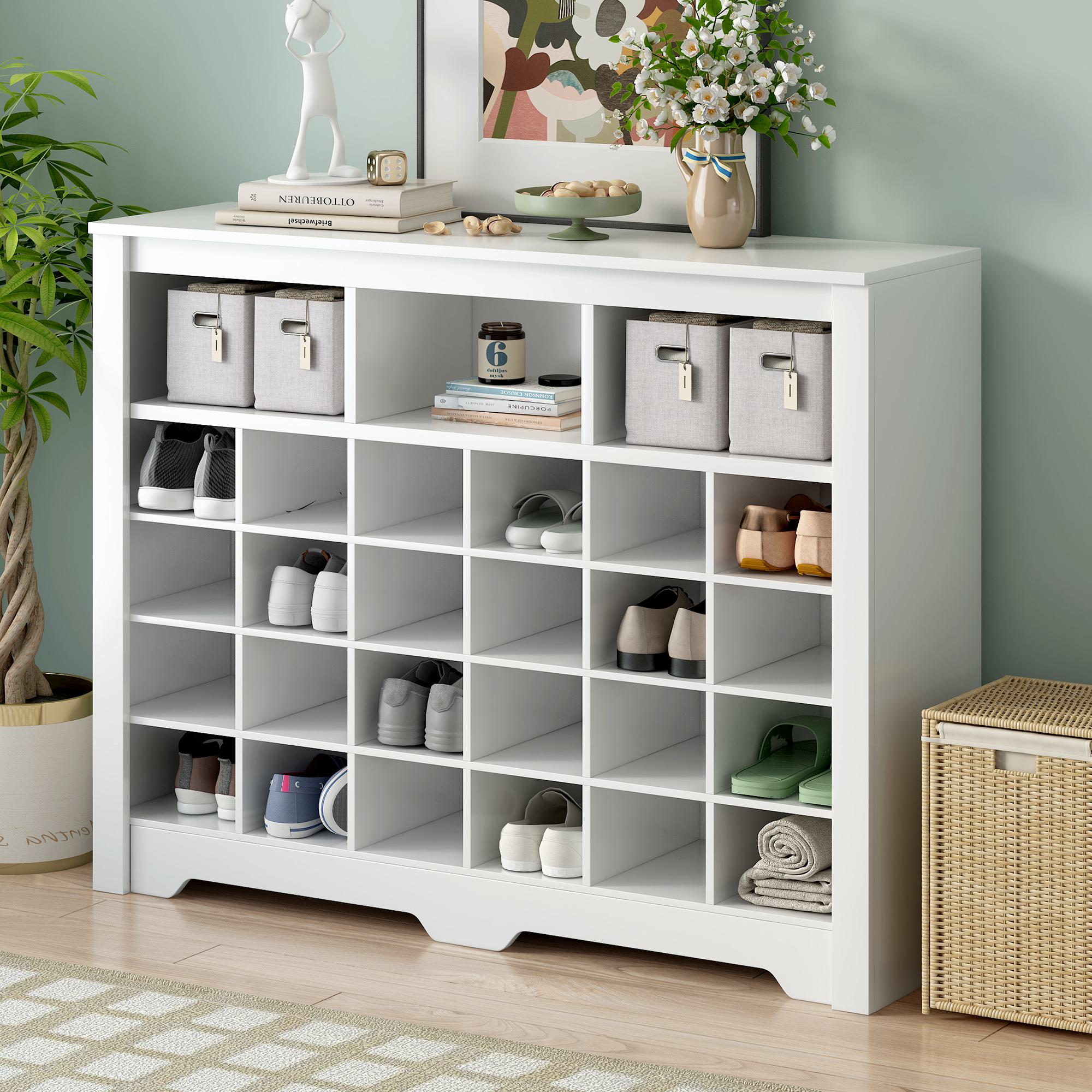 Sleek Modern 24-Cubby Shoe Cabinet with Curved Base, Versatile Sideboard for Hallway, Entryway Shoe Storage, 45.5L x 13W x 35H, White | Aosom.com