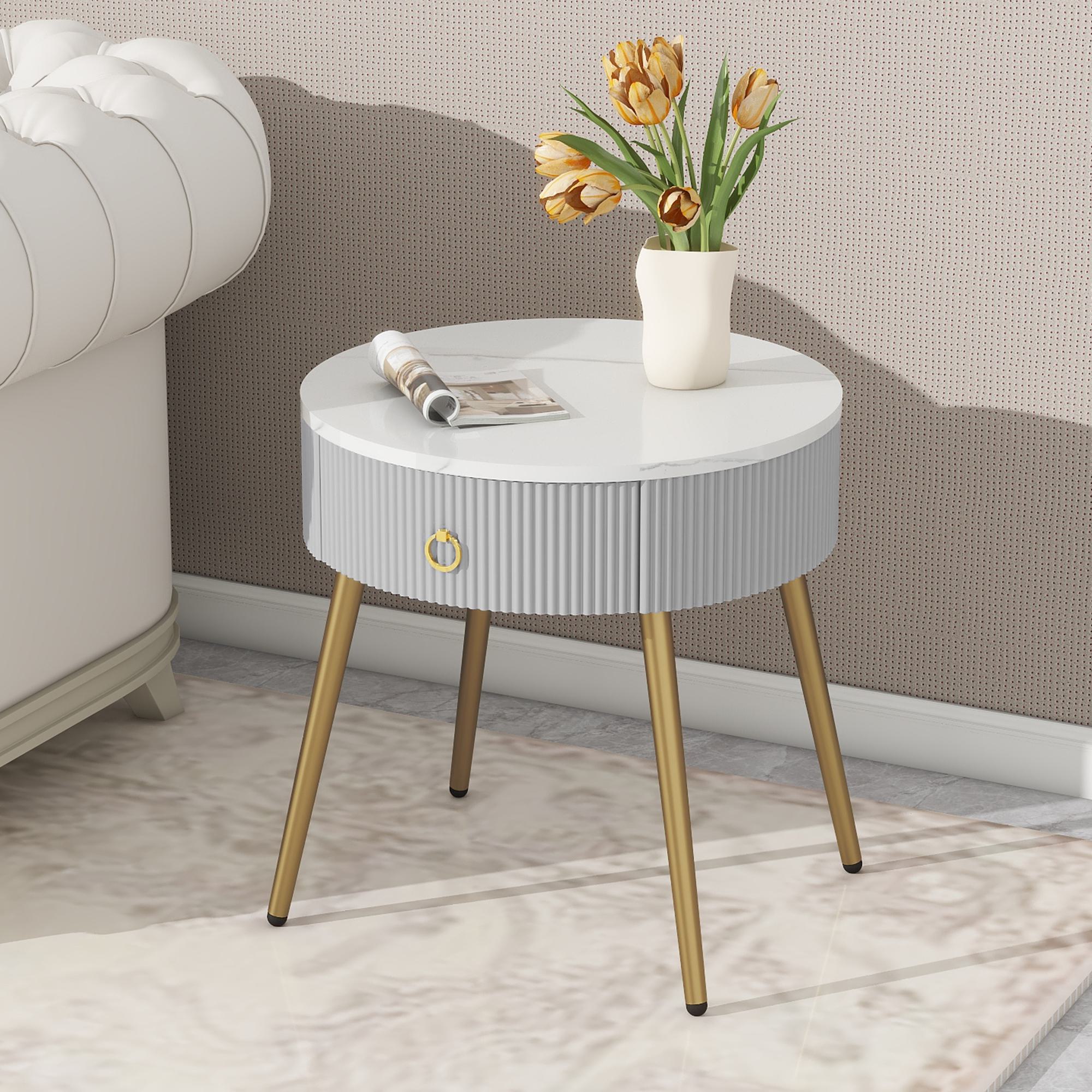 Set of 2 Modern End Tables with Storage and Faux Marble Tabletops, Side Tables with Golden Legs, 19.5 L x 19.5 W x 20.5 H, Grey+Gold | Aosom.com