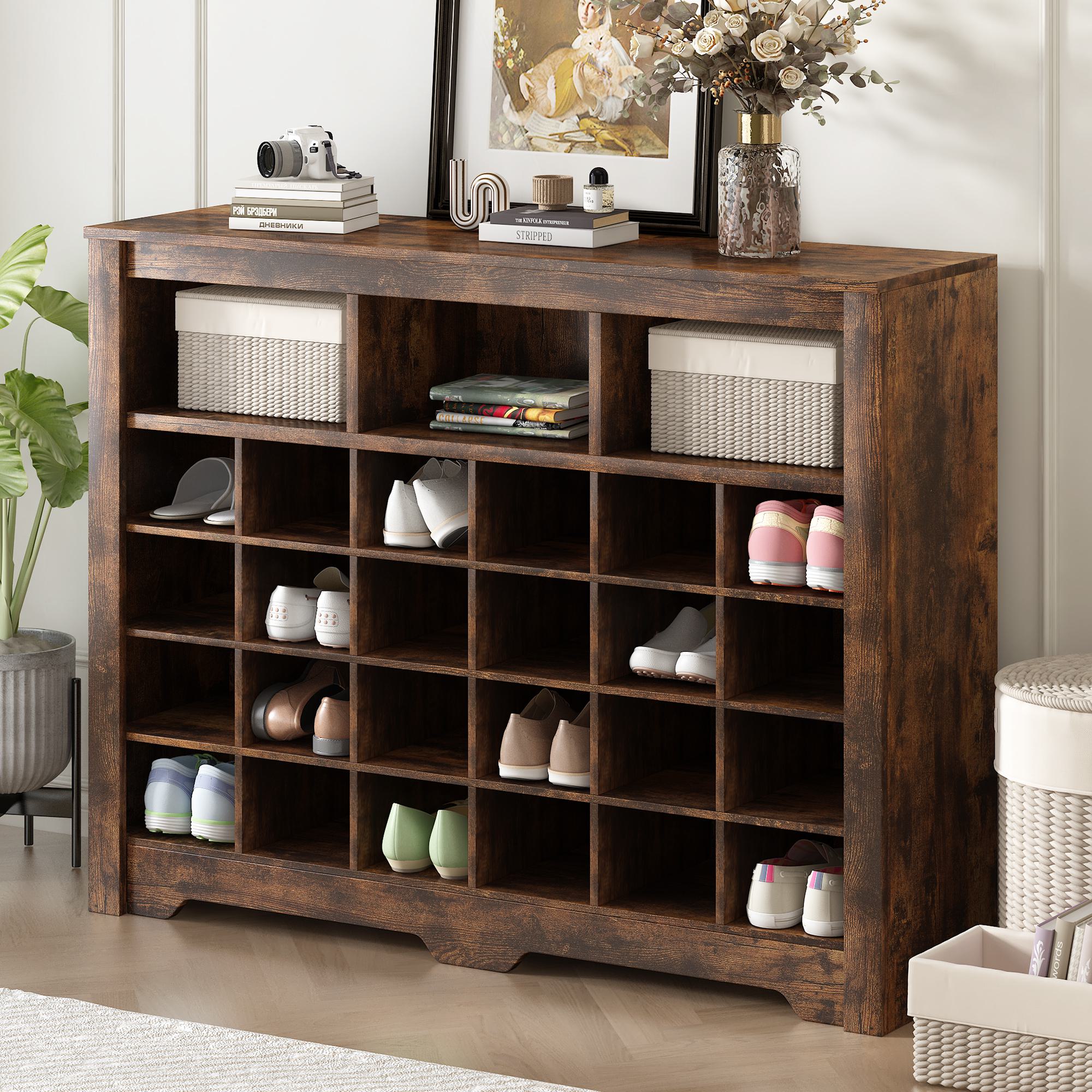 Sleek Modern 24-Cubby Shoe Cabinet with Curved Base, Chic Sideboard for Hallway, Entryway Shoe Storage, 45.5L x 13W x 35H, Rustic Brown | Aosom.com