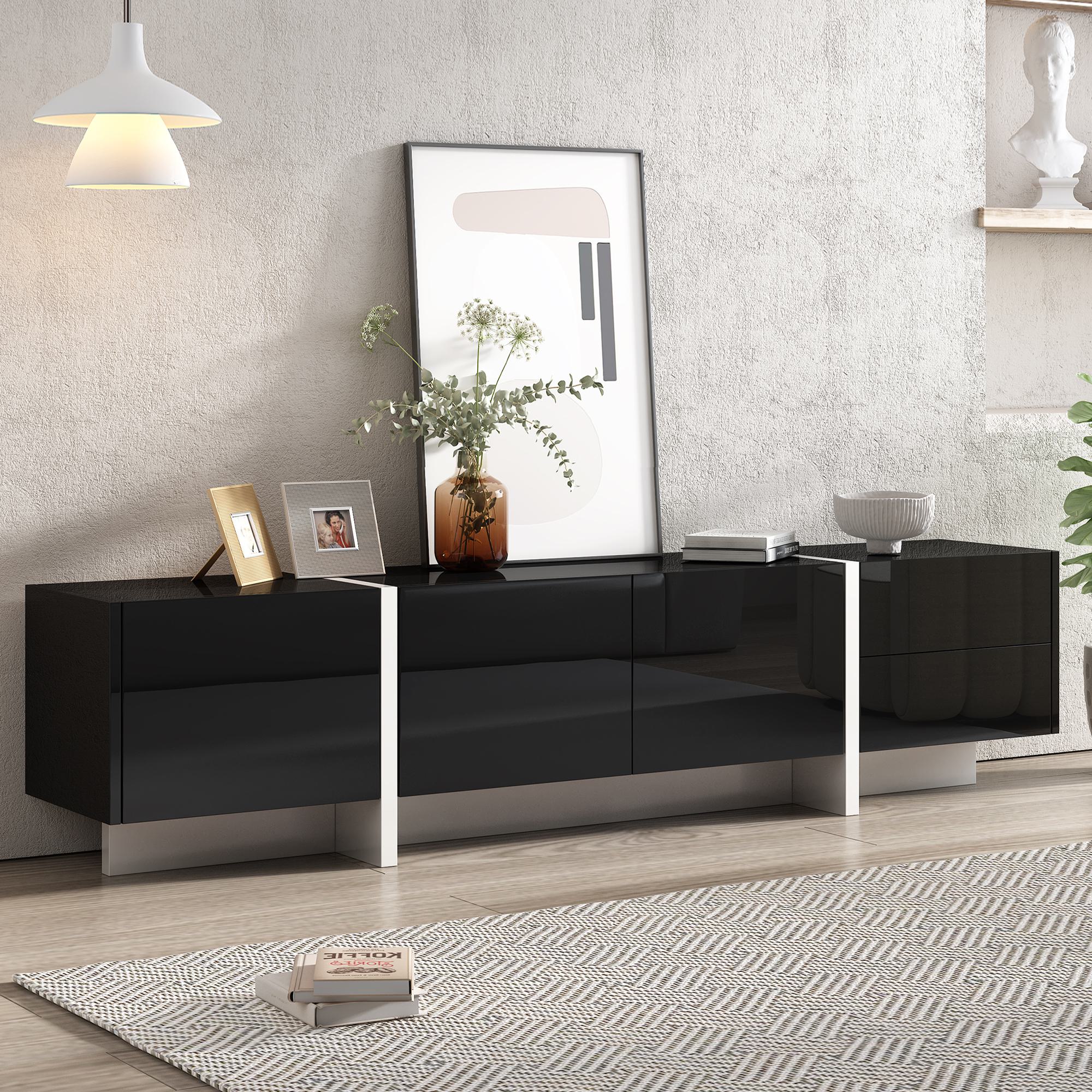 Contemporary TV Stand Console Table for TVs up to 80 with 2 Drawers and 3 Cabinets, Modern TV Stand with High Gloss UV Surface, Black | Aosom.com