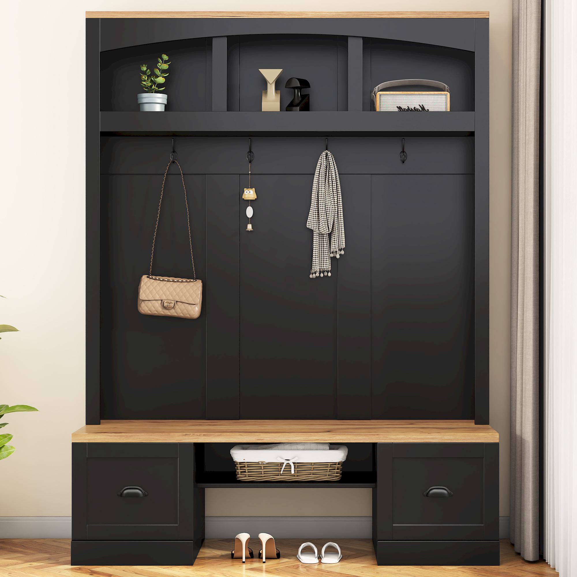 Farmhouse 4-in-1 Hall Tree with Bench and Adjustable Shelves