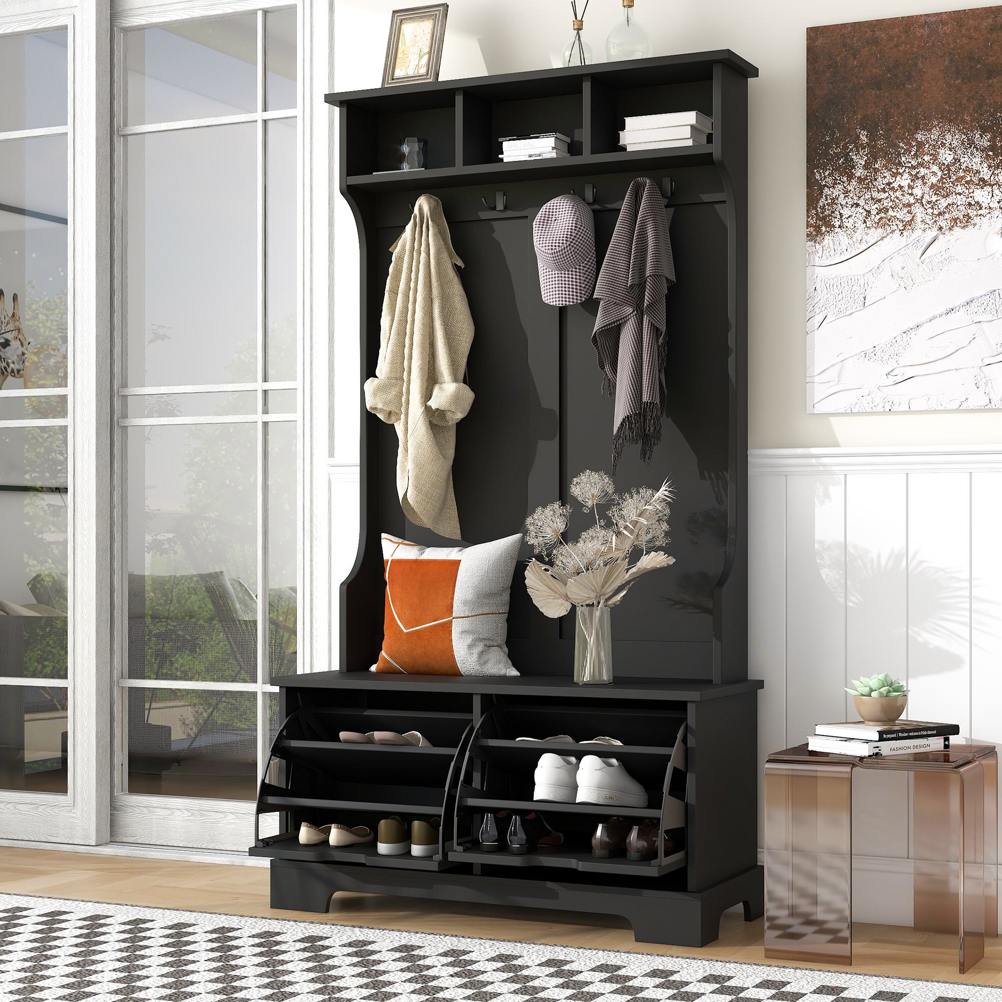All-in-One Minimalist Hall Tree with 3 Top Shelves and 2 Flip Shoe Storage Drawers, Wood Hallway Organizer with Metal Hanging Hooks, Black | Aosom.com