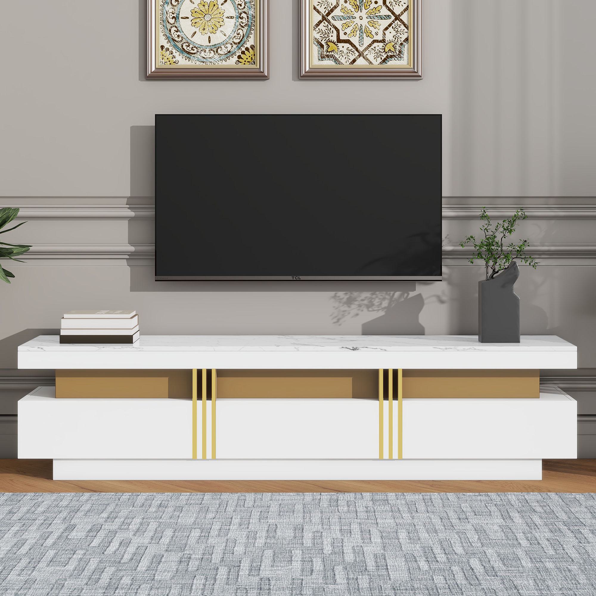 Luxury Storage TV Stand with High Gloss Marble Top for TVs up to 78", Media Console with Golden Panel, 69" L x 15" W x 16.5" H, White+Gold | Aosom.com
