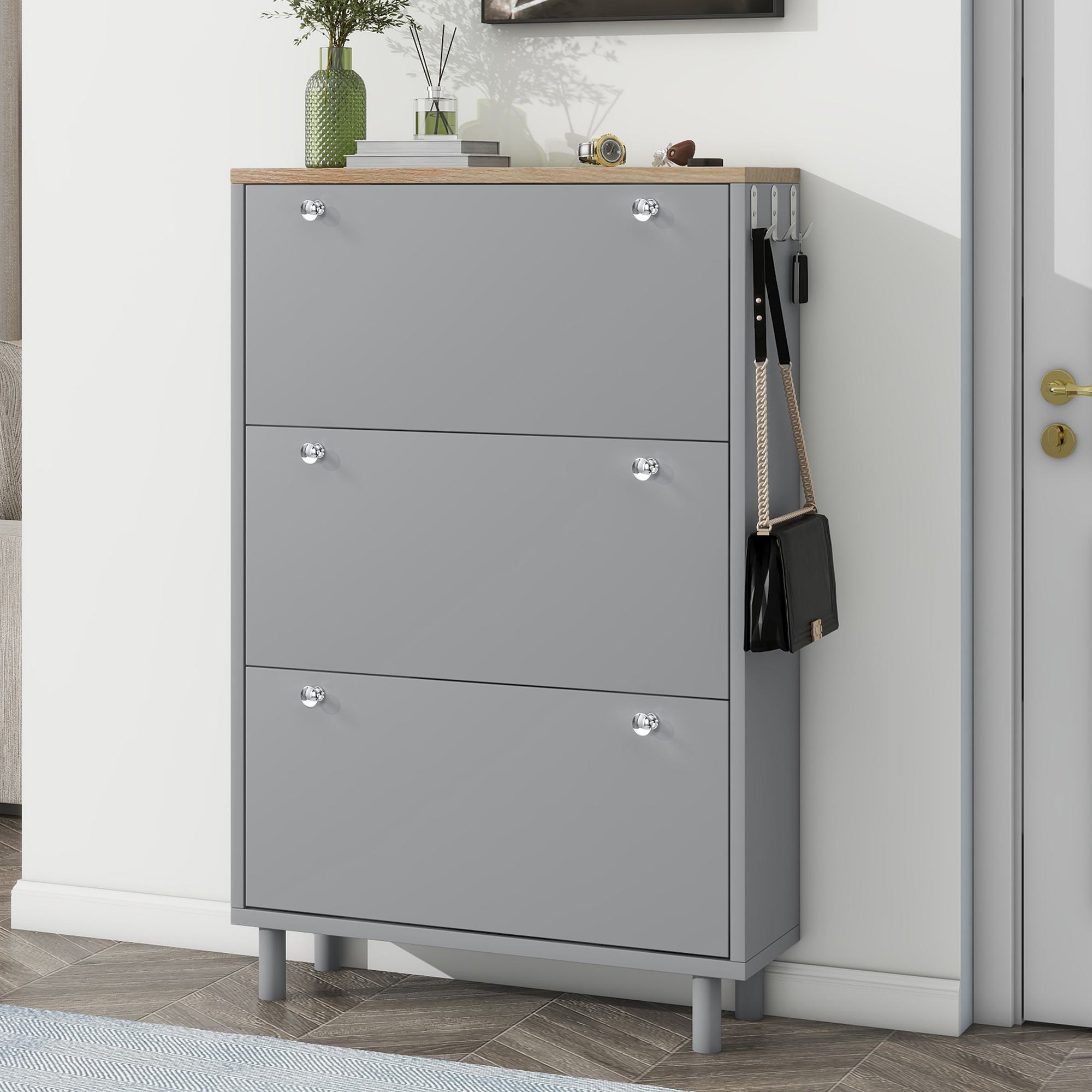 Narrow Design Shoe Cabinet with 3 Flip Drawers and Adjustable Shelves, Shoe Cupboard with Hanging Hooks, 31.5 L x 9.5 W x 48 H, Grey | Aosom.com