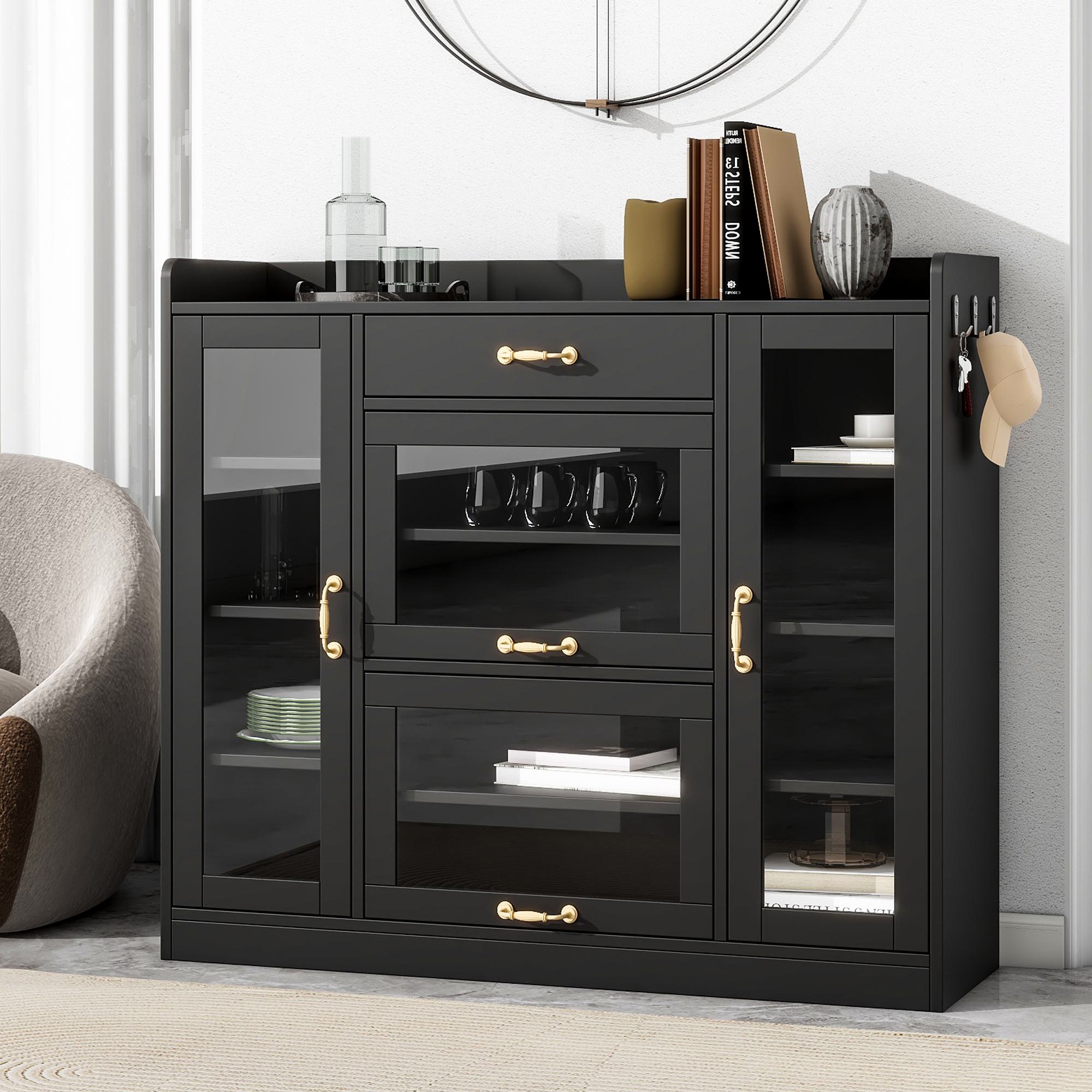 Modernist Side Storage Cabinets with 4 Glass Doors and 3 Hooks, Freestanding Shoe Rack with Gold Handles, 47.5L x 14.5W x 40.5H, Black | Aosom.com