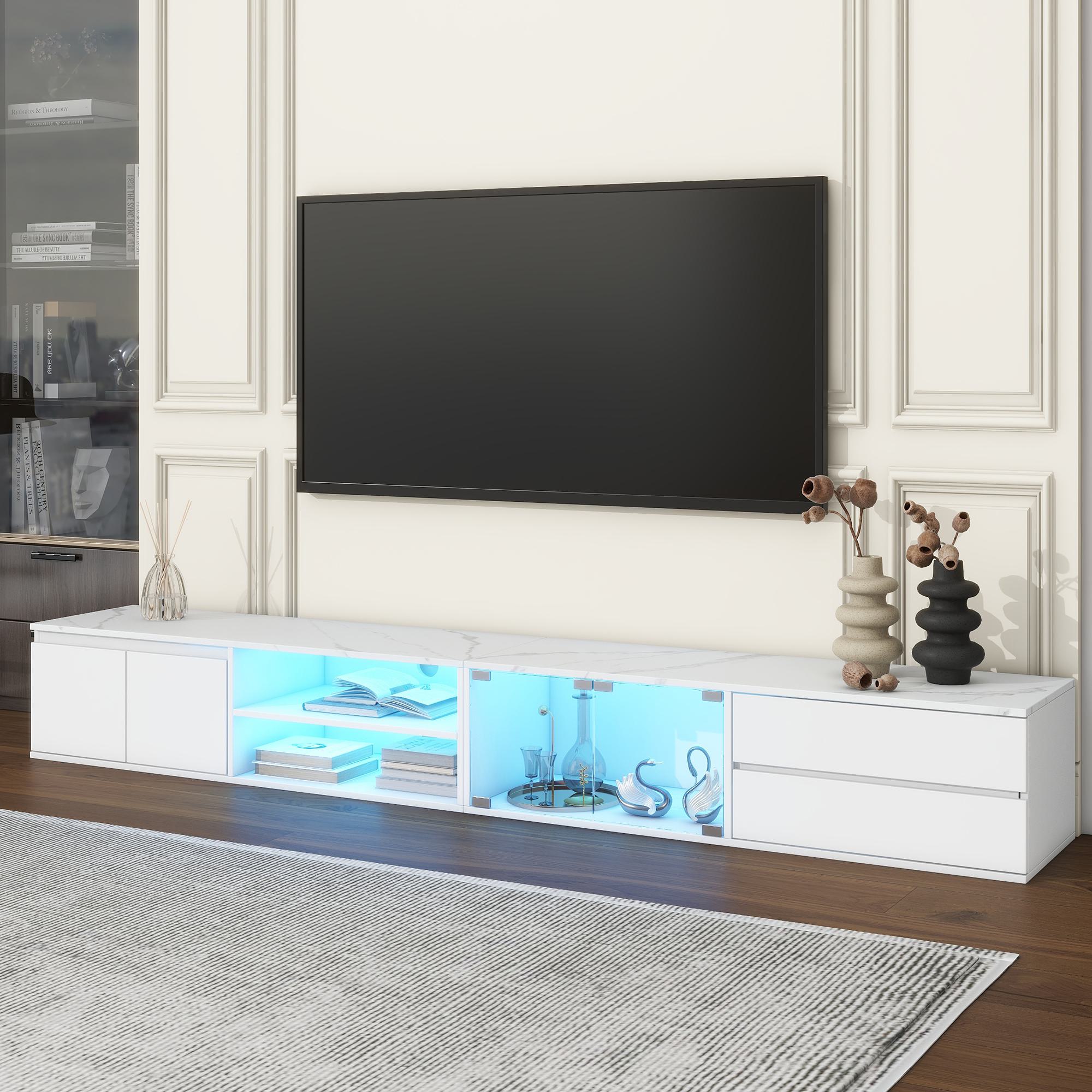 Vinsetto Modern APP Controlled LED TV Stand for TVs Up to 105", Faux Marble Media Console, with Tempered Glass Doors, 2 Drawers & Cabinets, White