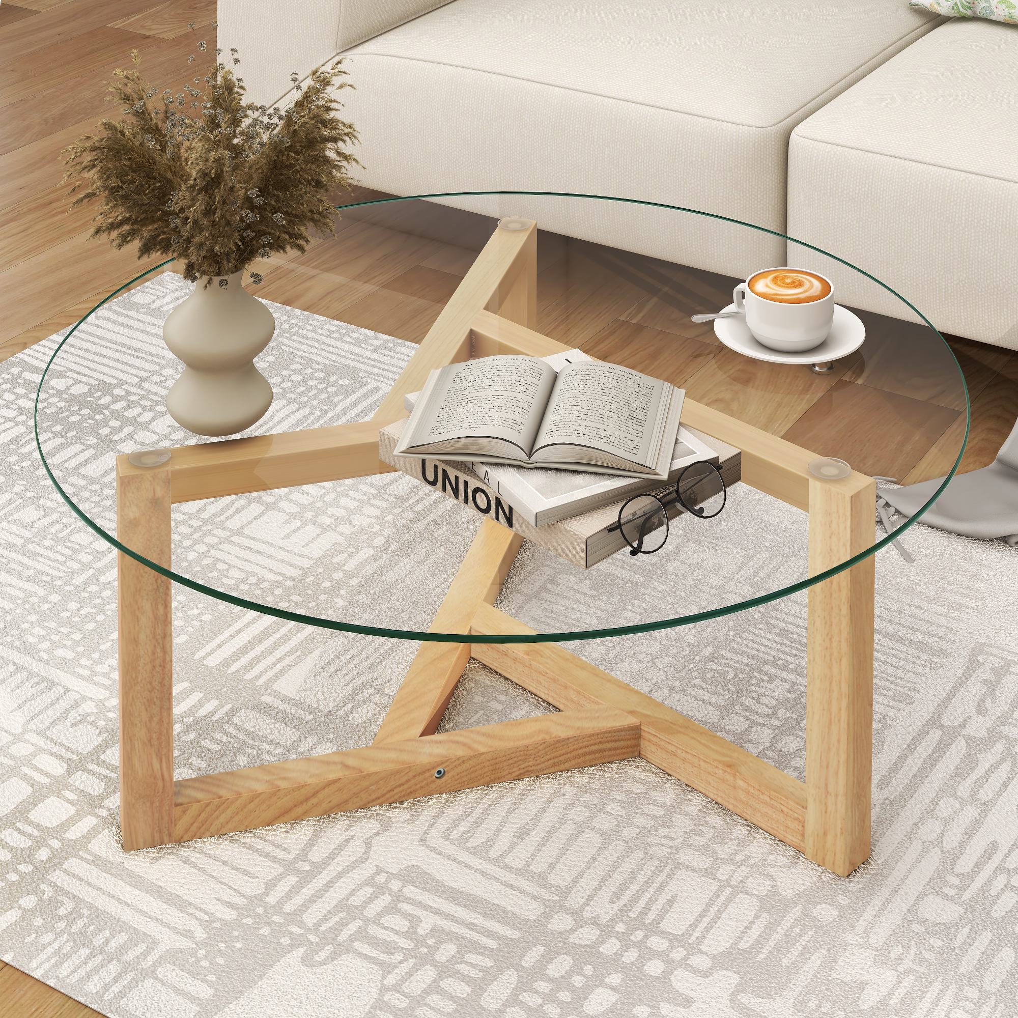Round Coffee Table with Tempered Glass Top and Sturdy Wood Base, Modern Cocktail Table, Easy Assembly, 35.5" L x 35.5" W x 17.5" H, Natural