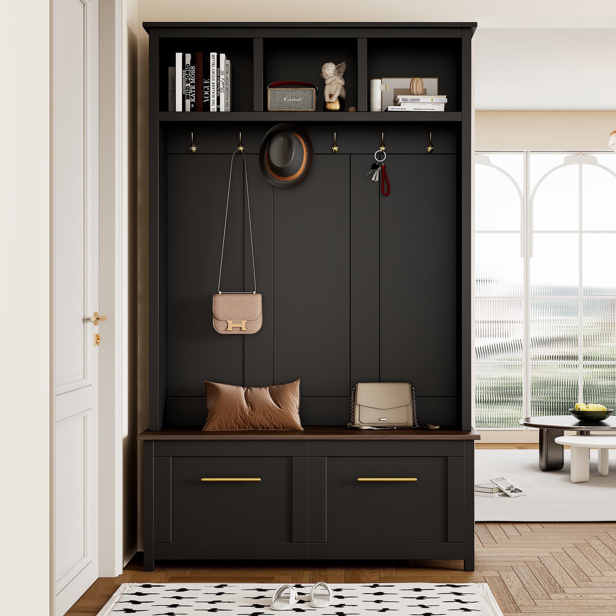 Versatile 4-in-1 Hall Tree with 6 Golden Hooks and Brown Wood Grain Bench, Storage Spaces and 2 Drawers, 47 L x 15.5 W x 76.5 H, Black | Aosom.com