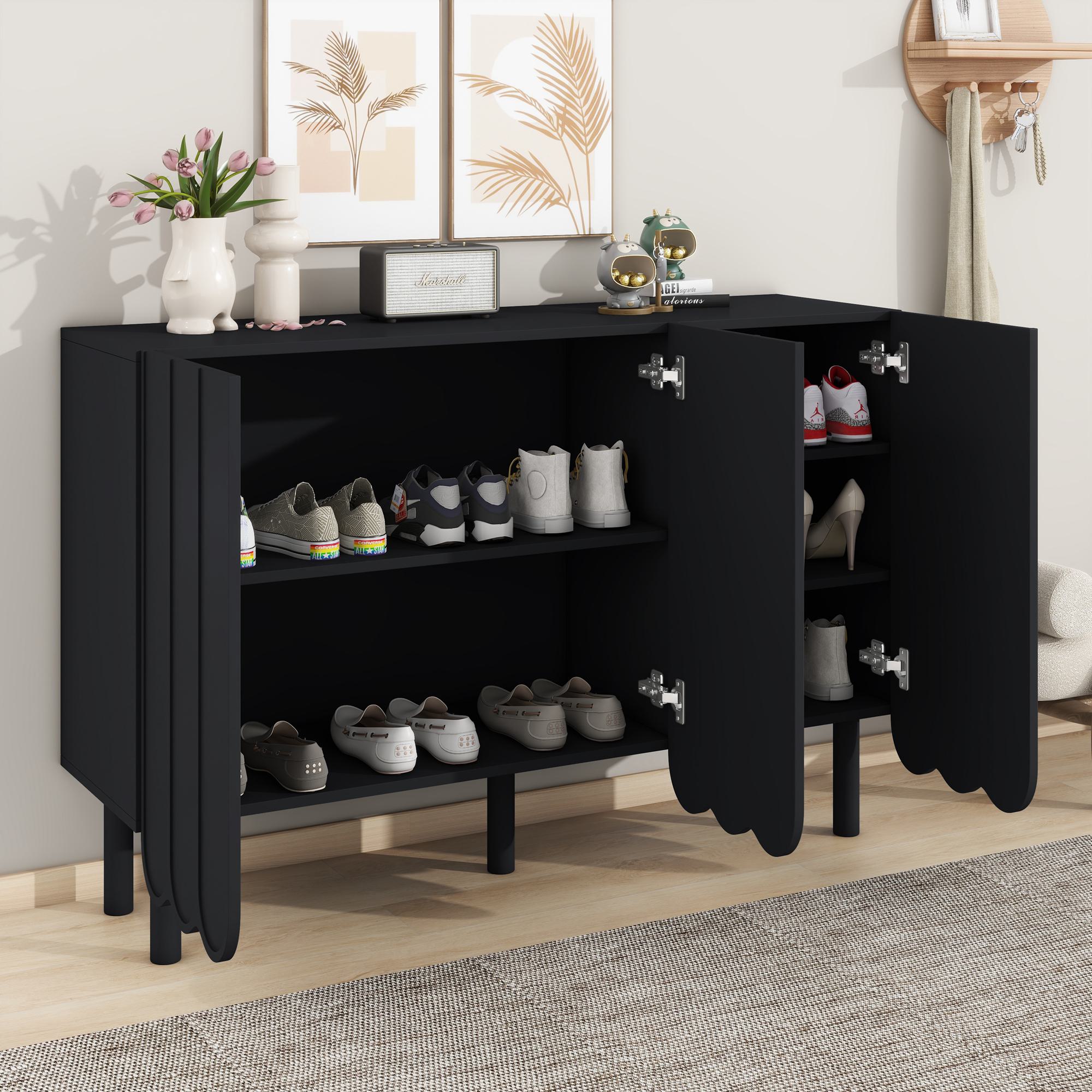 Minimalist Storage Shoe Cabinet with Adjustable Shelves, Solid Wood Legs and Wave Door, Modern Sideboard, 47 L x 13.5 W x 31.5 H, Black | Aosom.com