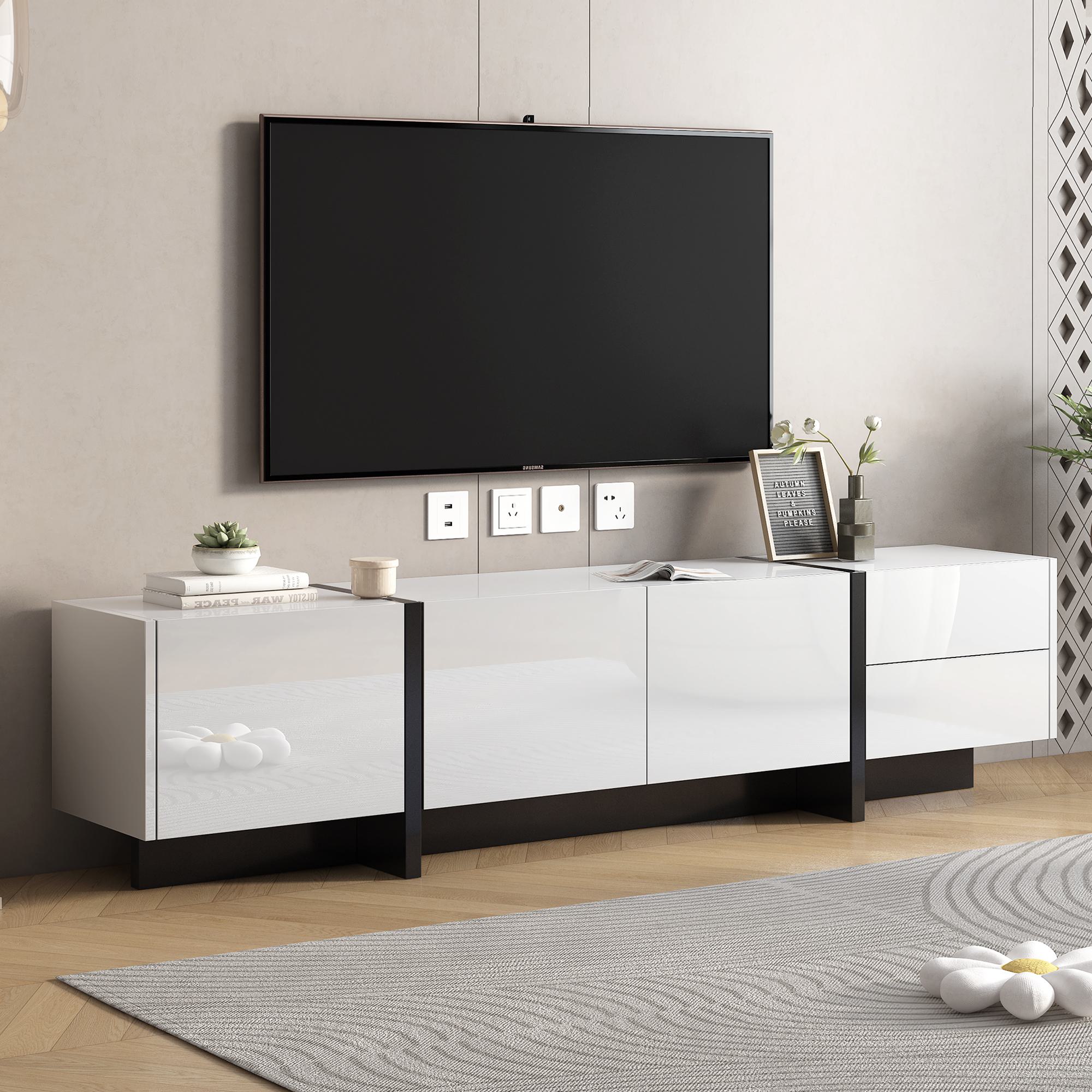 Contemporary TV Stand Console Table for TVs up to 80 with 2 Drawers and 3 Cabinets, Modern TV Stand with High Gloss UV Surface, White | Aosom.com