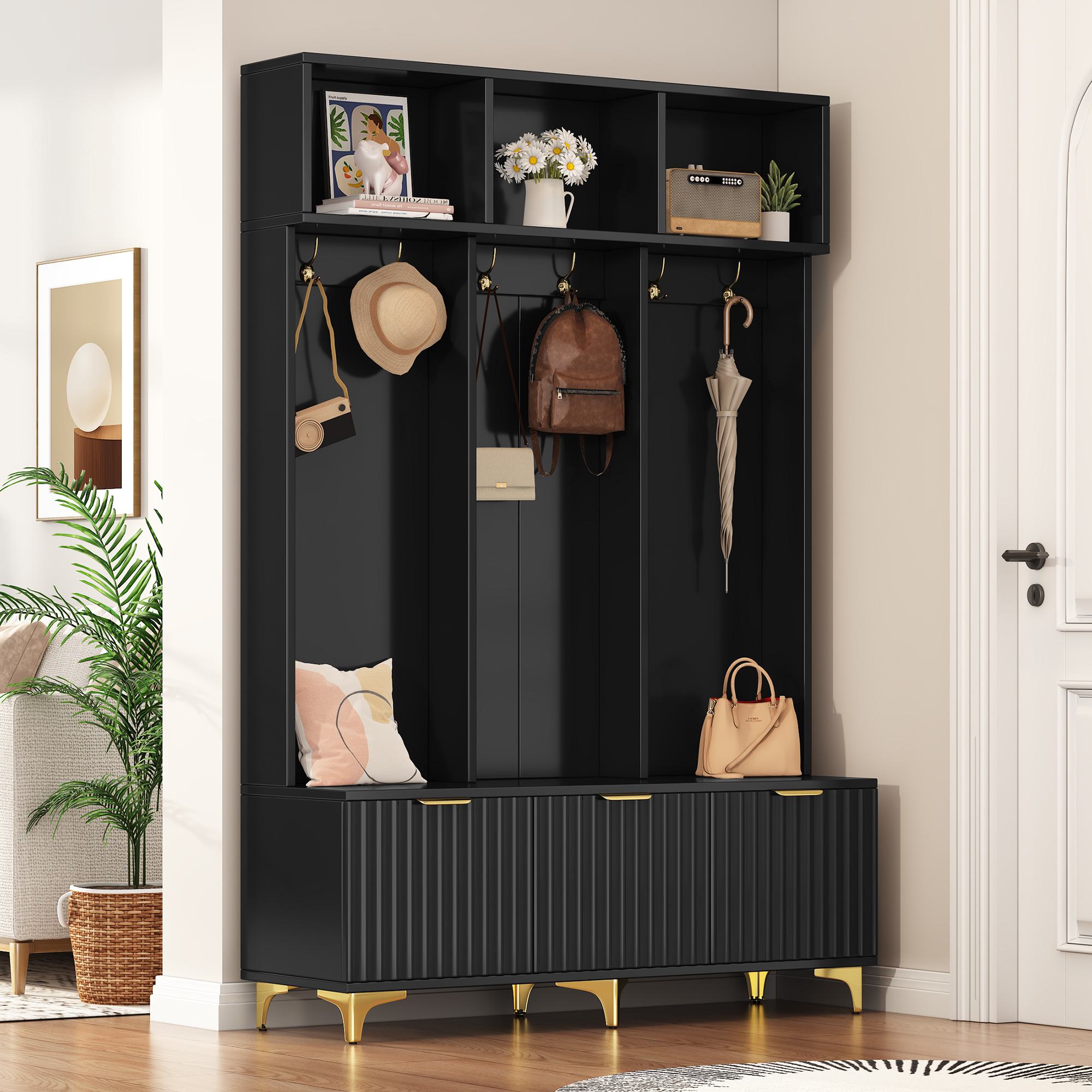 Modern Entryway Hall Tree with Bench and Storage Cubbies, High Gloss Fluted Door and 6 Gold Hooks, 49.5 L x 15.5 W x 75.5 H, Black+Gold | Aosom.com