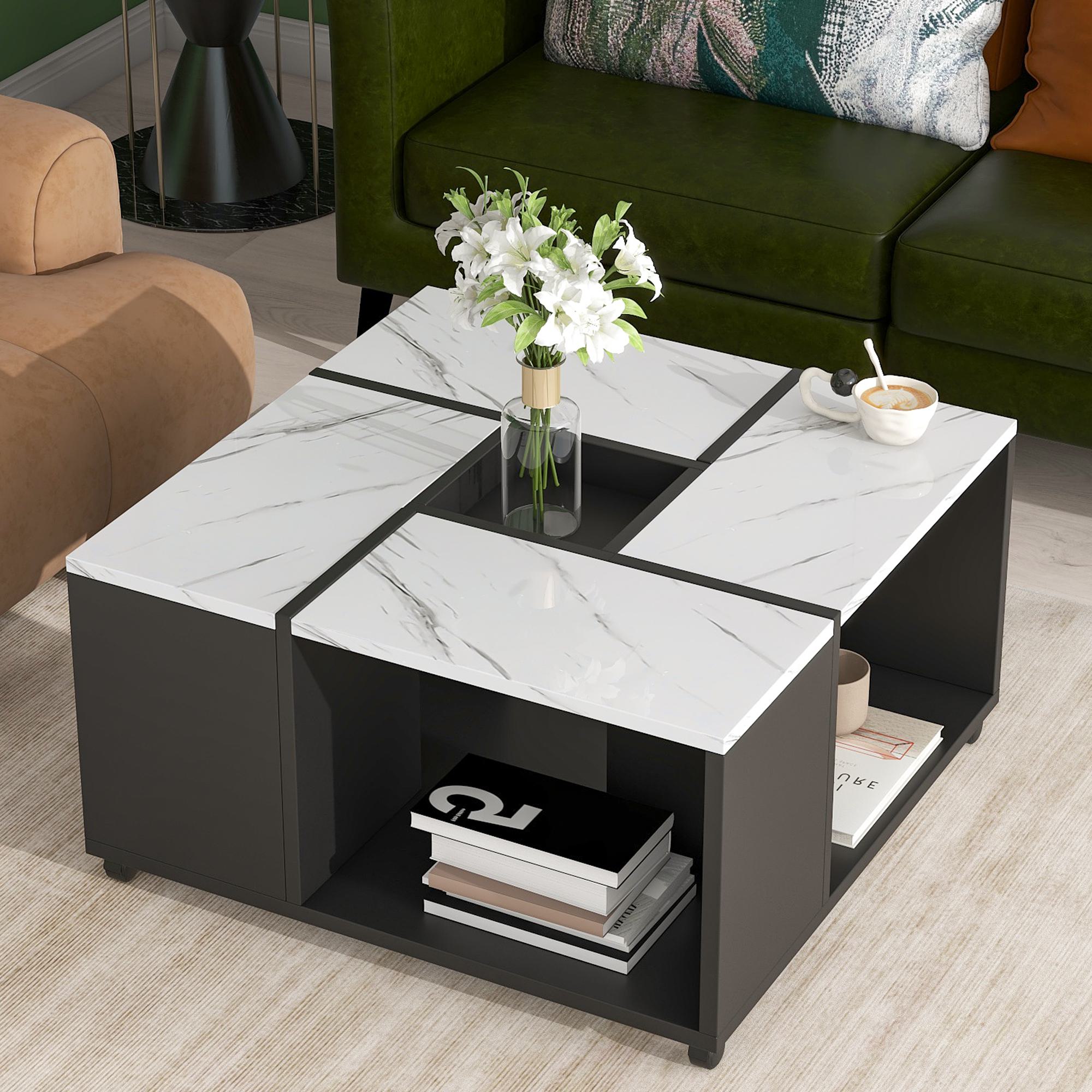31.5&#039;&#039; Modern 2-Layer Coffee Table with Casters and Removable Tray, Square Cocktail Table with UV High-Gloss Marble Design, White+Black | Aosom.com