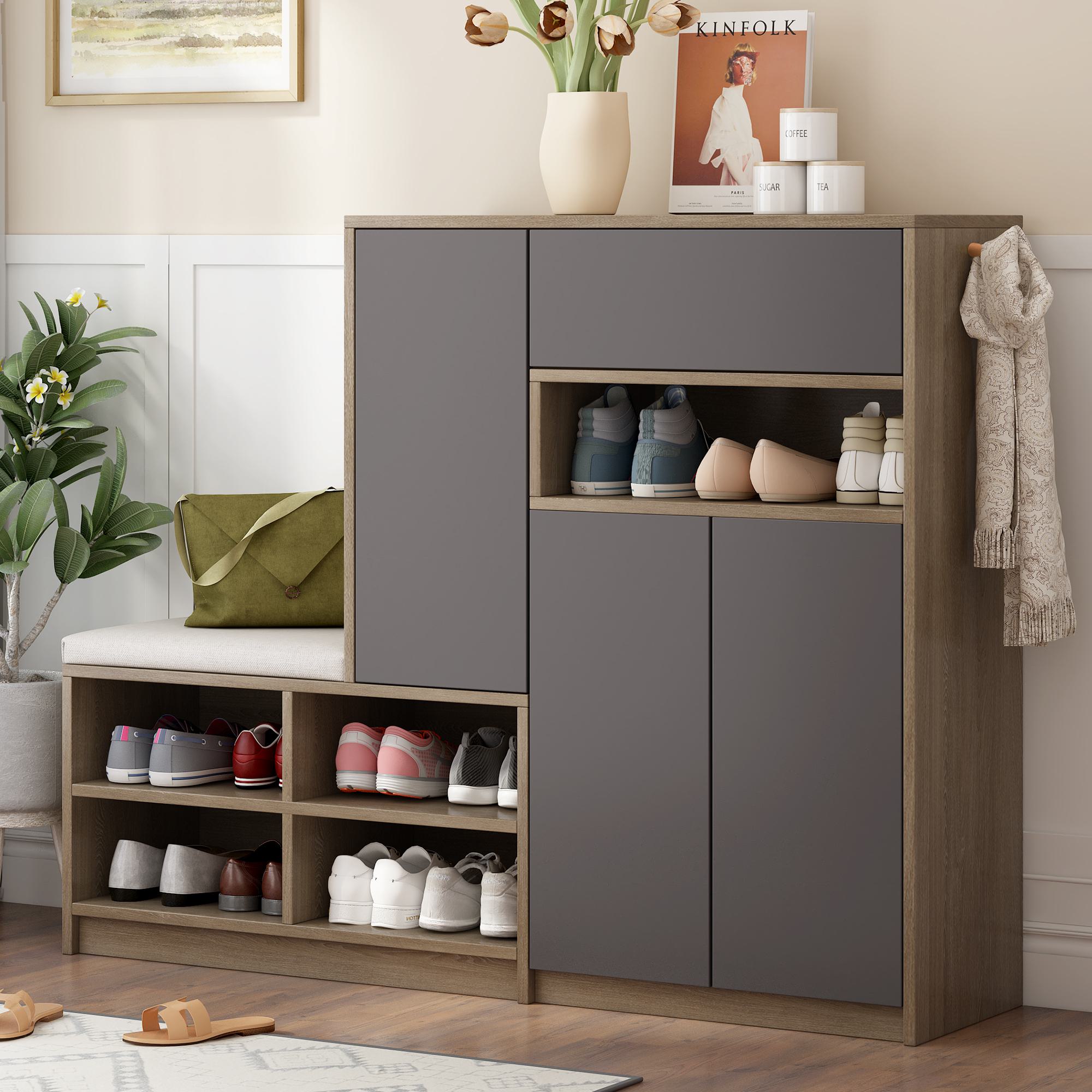 2-in-1 Shoe Storage Bench Cabinet with Padded Seat and Adjustable Shelves, Multi-functional Shoe Rack, 55.5"L x 14"W x 43.5"H, Dark Grey | Aosom.com