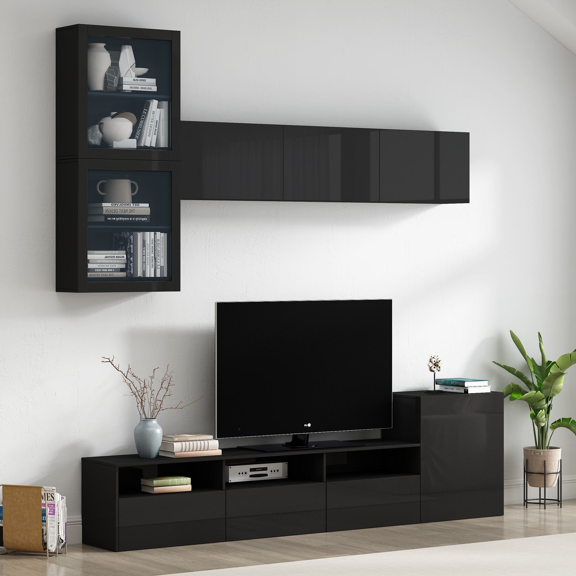 Modern High Gloss TV Stand for TVs up to 78" with Ample Storage, Media Console, Wall Mounted Floating Cabinets, 93"L x 15"W x 26"H, Black | Aosom.com