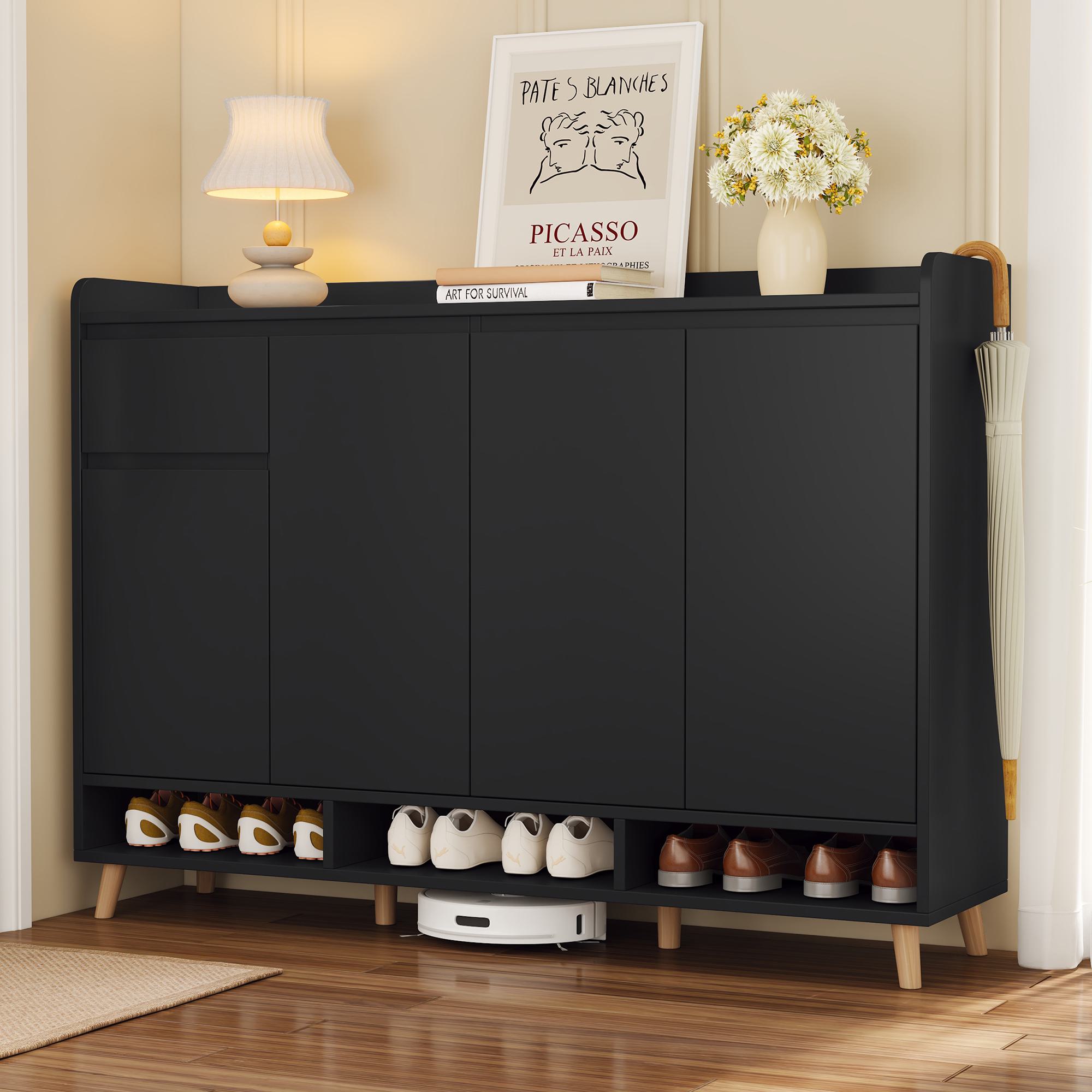 Sleek and Contemporary Entryway Shoe Cabinet with Adjustable Shelves, Solid Wood Legs, and Ample Storage, 55.5 L x 14 W x 39.5 H, Black | Aosom.com