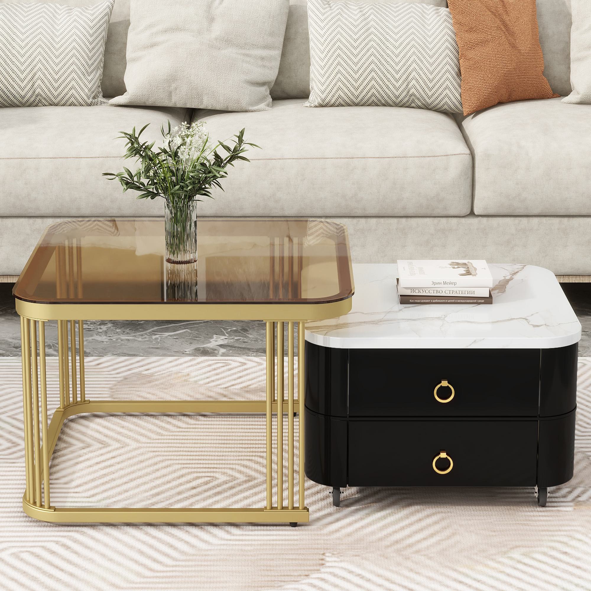 2-in-1 Square Nesting Tempered Glass Coffee Table with Wheels and Drawers, High Gloss Marble Grain Top, 29 L x 27 W x 16 H, Black+Gold | Aosom.com