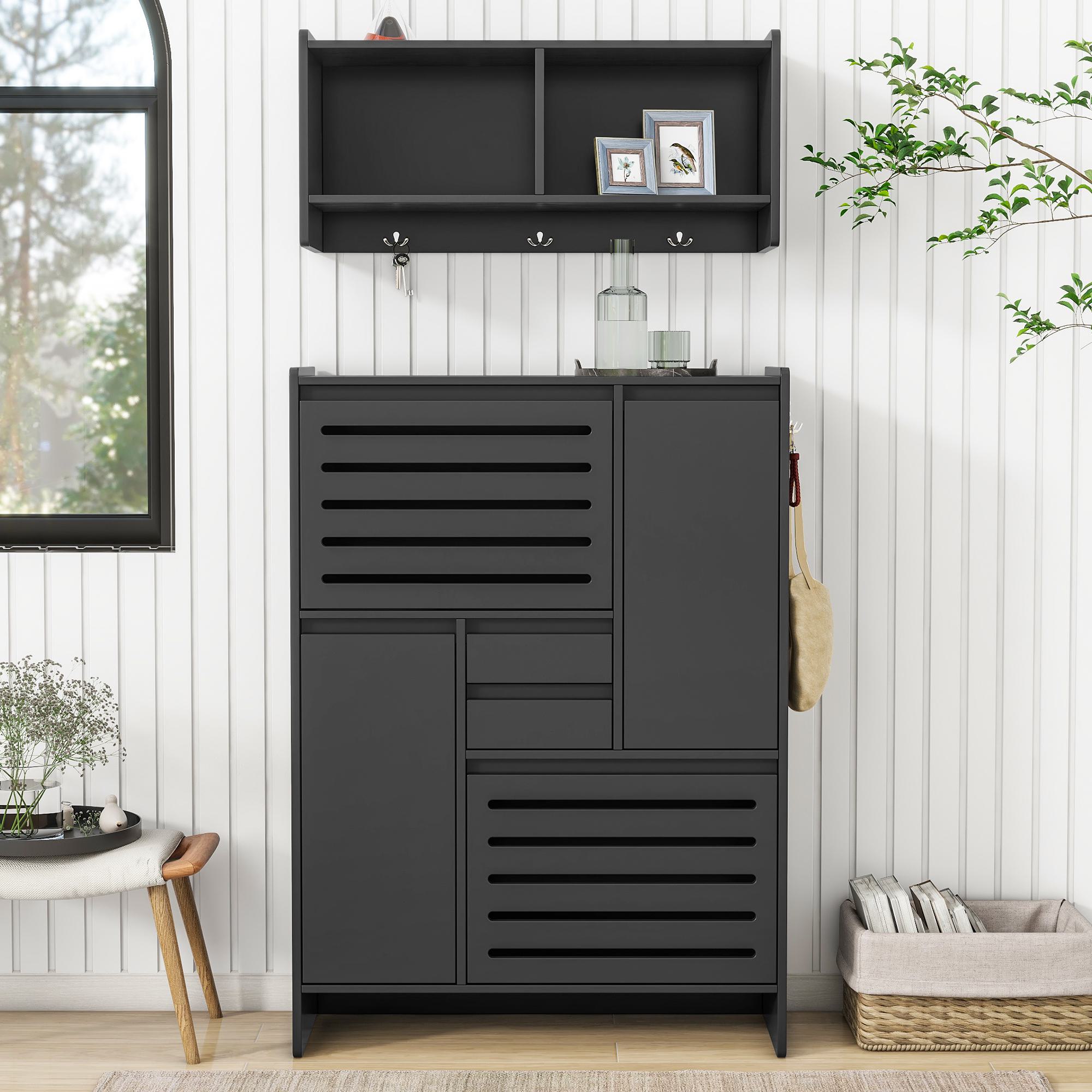 Multi-Functional Shoe Cabinet with Wall Cabinet, Space-Saving Design, Versatile Side Cabinet with 2 Drawers, 31.5W x 12D x 44.5H, Black | Aosom.com