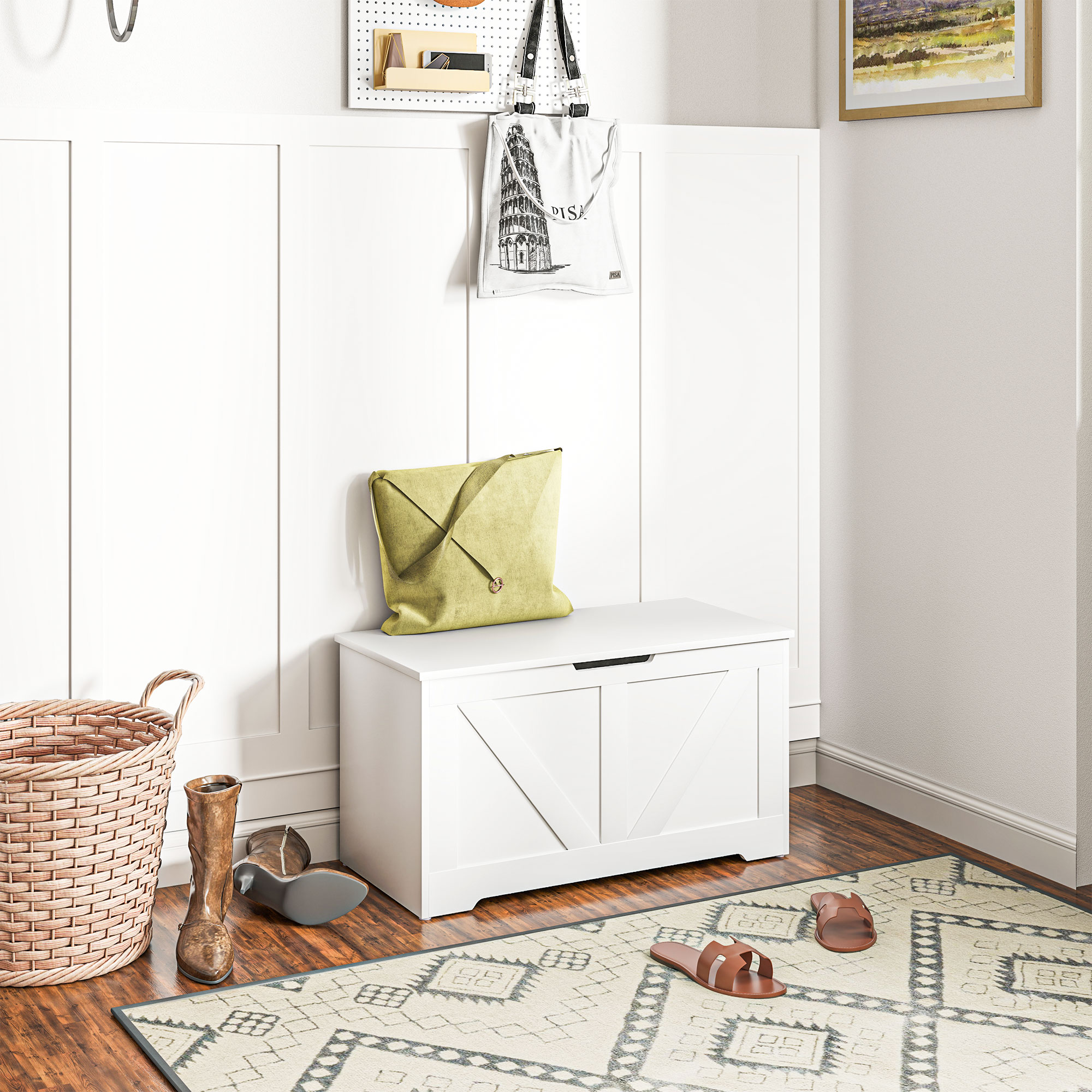 HOMCOM Storage Chest, Modern Storage Trunk With 2 Safety Hinges And Flip Top Lid Blanket Box For Living Room White
