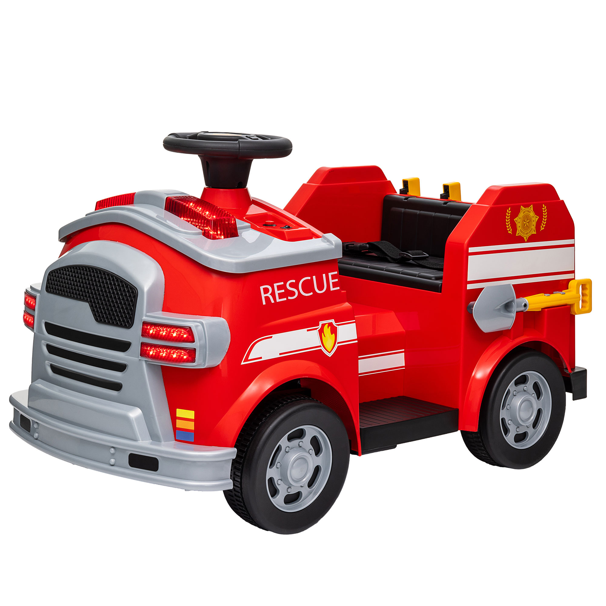 Qaba 12V Ride on Fire Truck with Siren, Flashing Lights Fire Extinguisher, Soft Start, Horn Music, Red