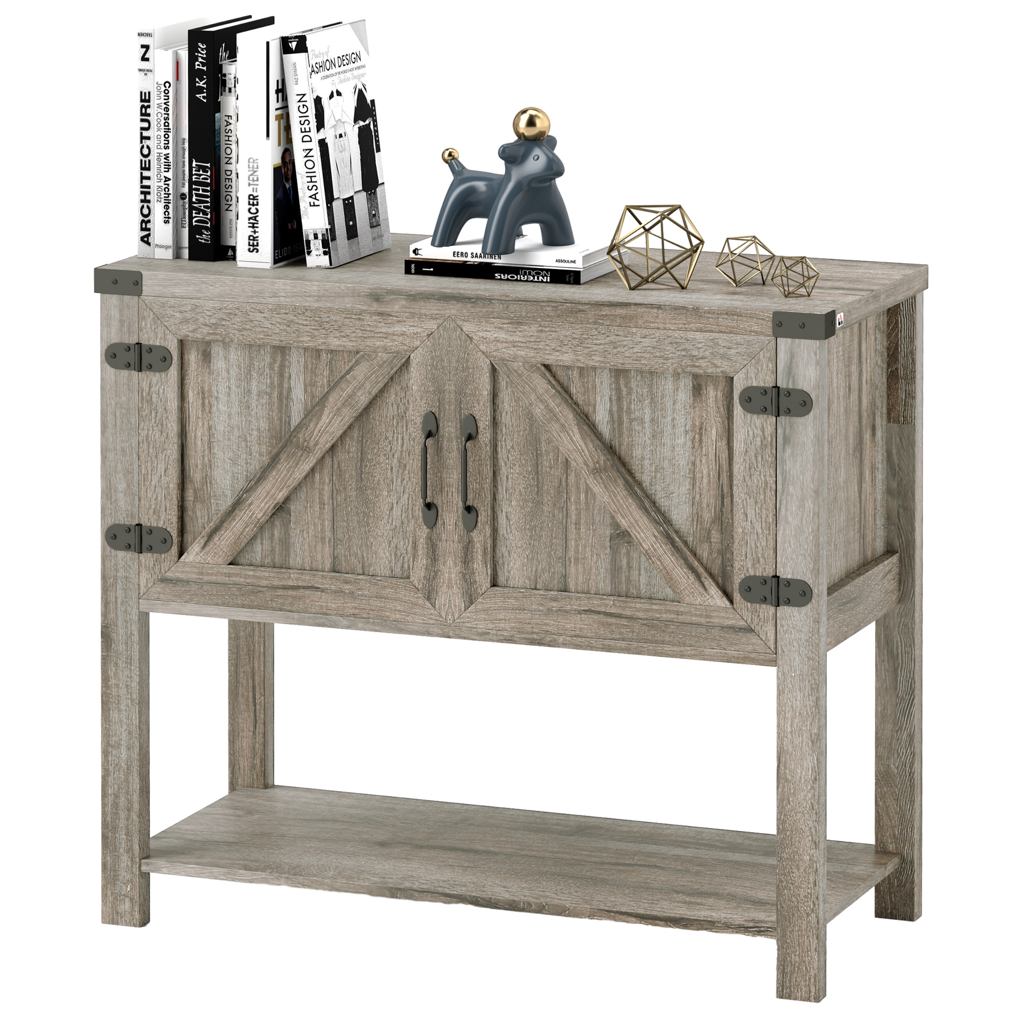 HOMCOM Farmhouse Double Door Coffee Bar Cabinet, Kitchen Cabinet with Bottom Shelf for Entryway, Living Room, Washed-out Gray