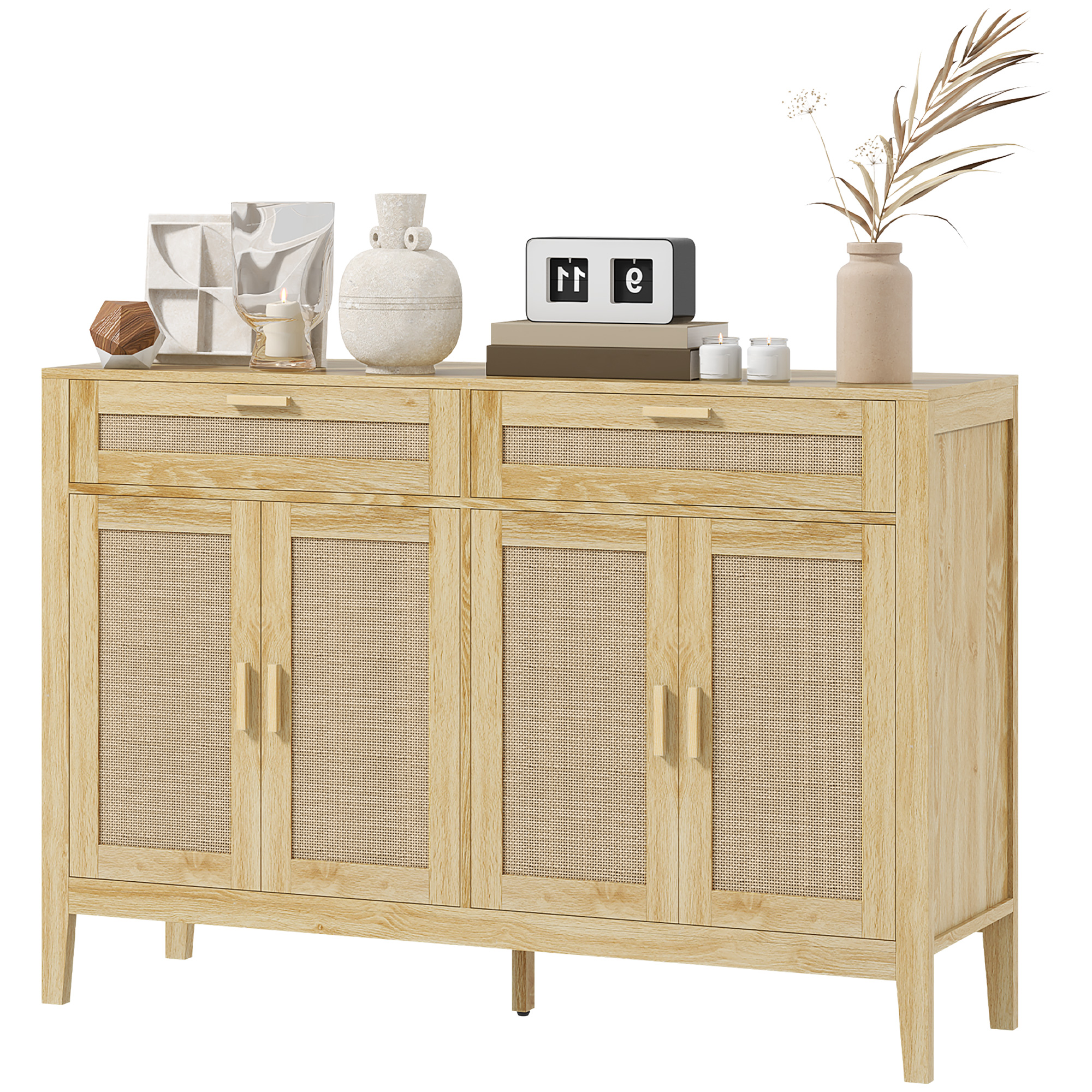 HOMCOM Kitchen Sideboard Cabinet, Boho Entryway Cabinet with Decorative Rattan Doors and Drawers for Dining Room, Oak
