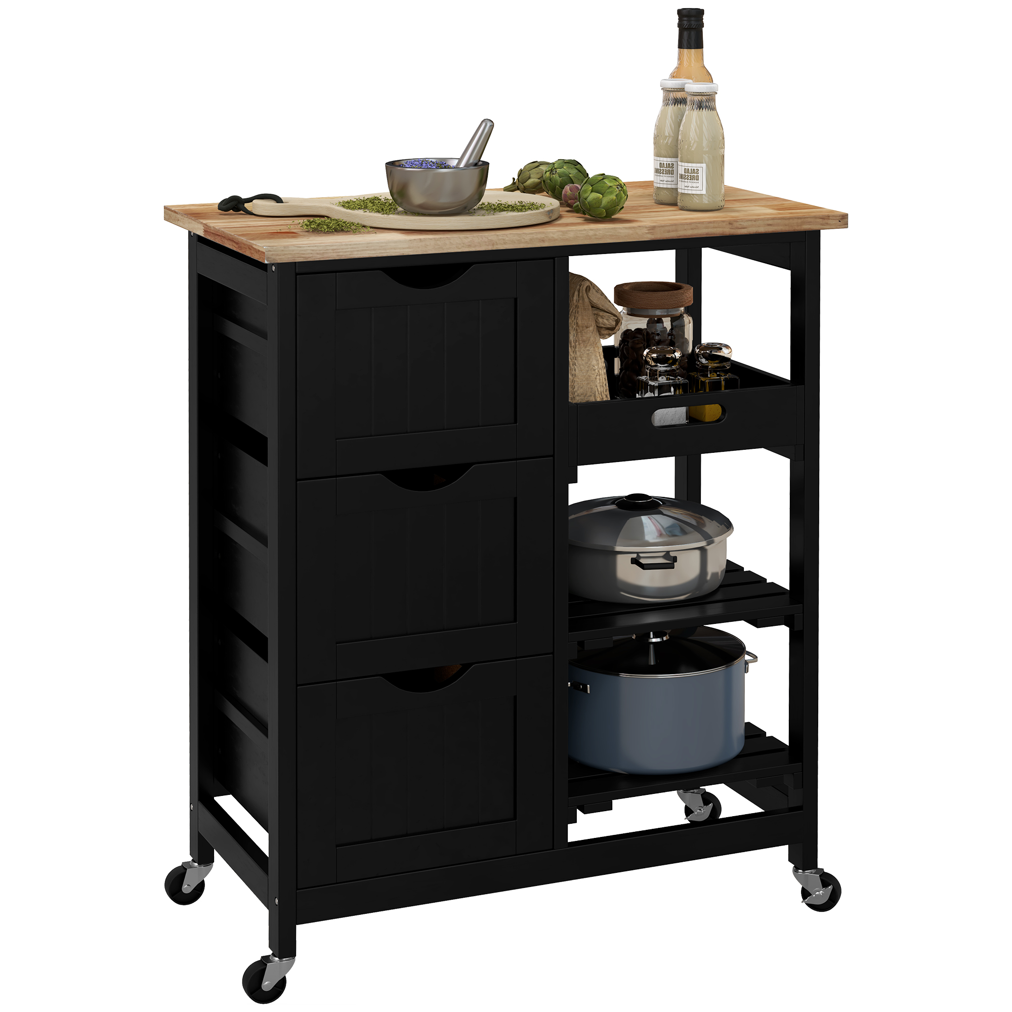 HOMCOM Kitchen Island on Wheels, Black, with Wood Top, Shelves &amp; Drawers | Aosom.com