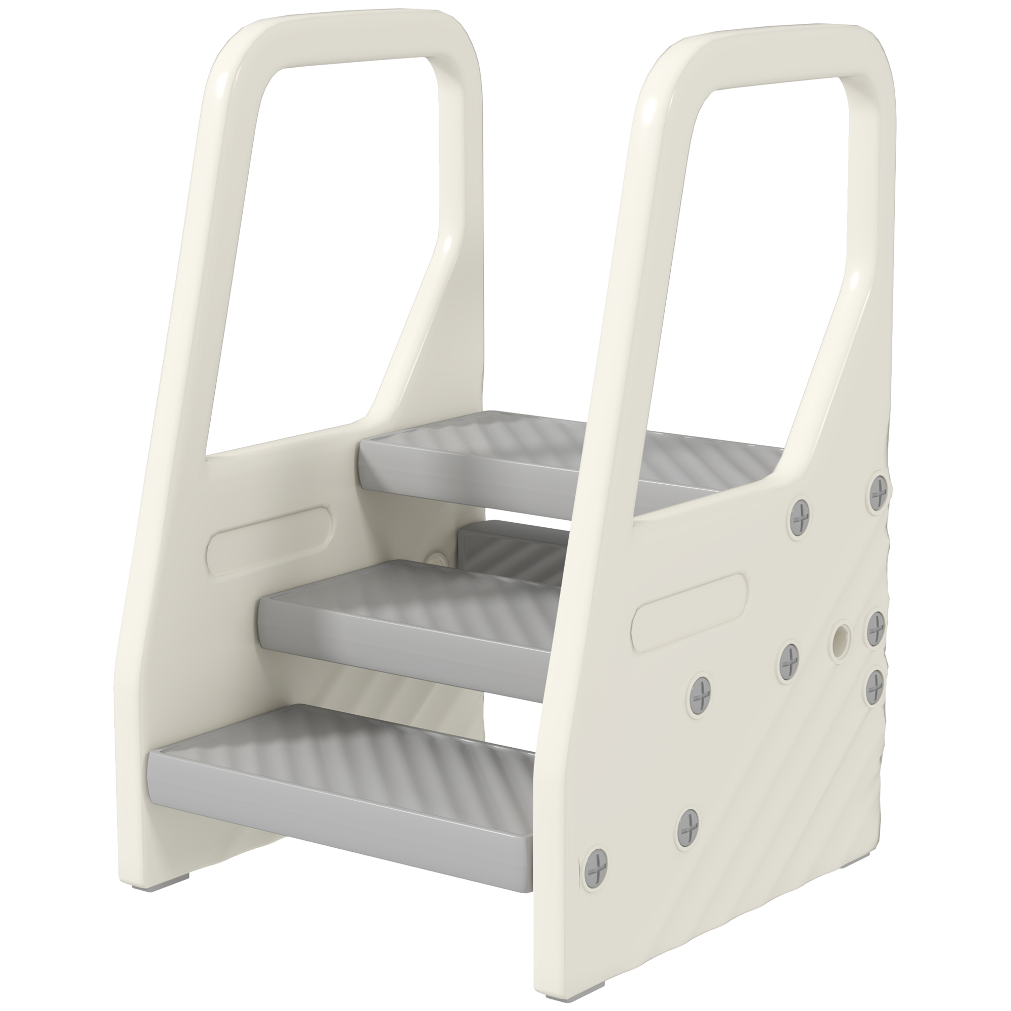 Qaba Adjustable 3 Step Toddler Tower with Handles, Non-slip Surface &amp; Foot Pads, Gray