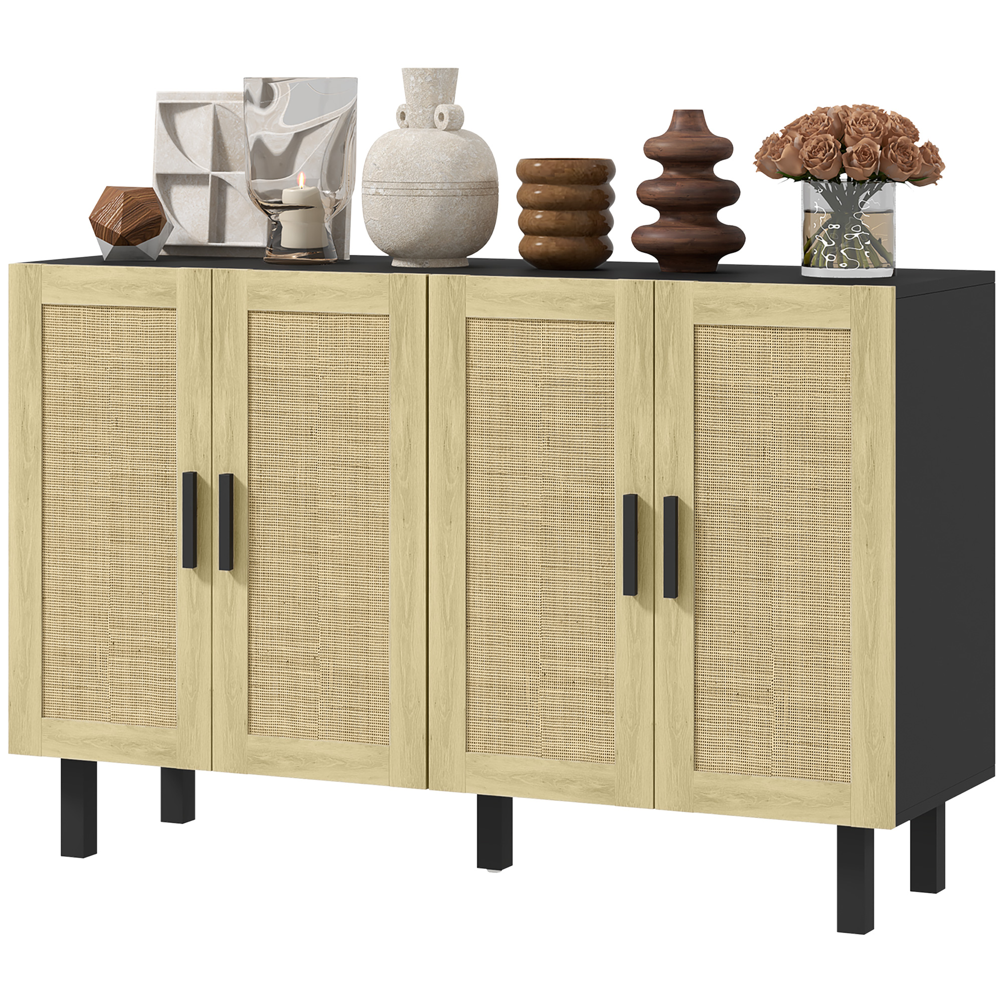 HOMCOM Boho Kitchen Cabinet, Buffet Cabinet with 4 Rattan Doors and Adjustable Shelves for Dining Room, Black and Natural