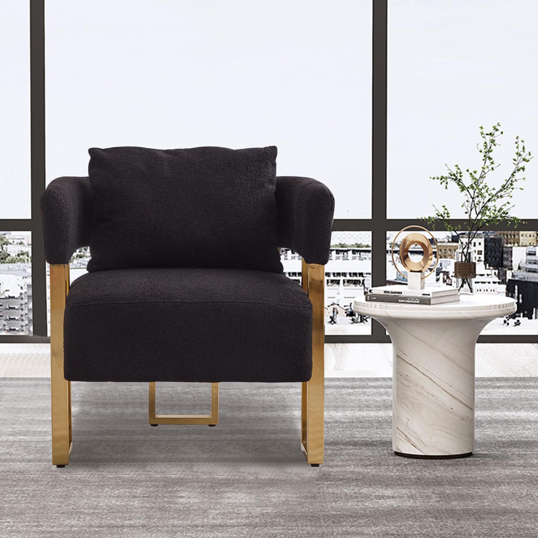 Teddy Fleece Upholstered Side Chair with Gold Metal Legs, Modern Decorative Chair for Living Room, 26 L x 24.5 W x 27 H, Black+Gold | Aosom.com