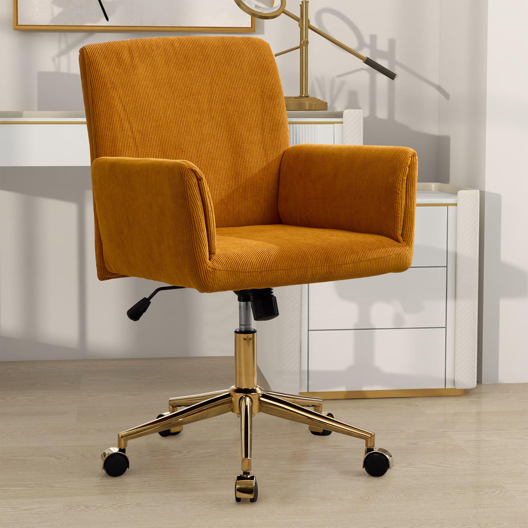 Modern Height Adjustable 360Â° Armchair with Gold Base and Ergonomic Design, Corduroy Office Desk Chair for Bedroom and Study, Yellow | Aosom.com