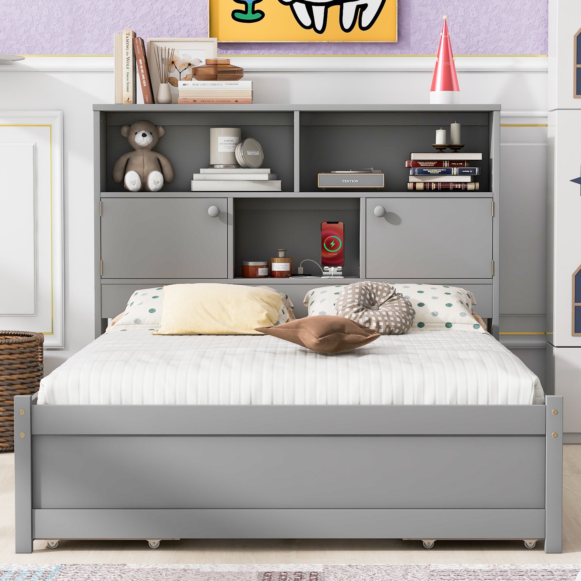 Full Size Platform Bed with Storage Headboard, Charging Station, and 4 Drawers, Solid Wood Bed for Bedroom, 85 L x 55 W x 48 H, Gray | Aosom.com